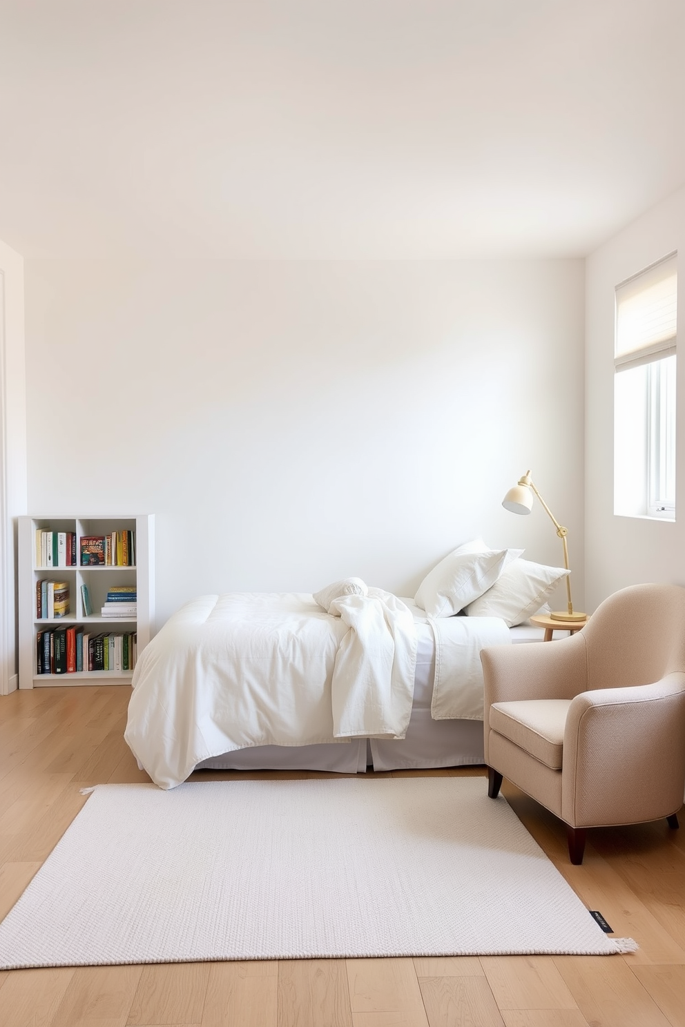 A serene 10x10 bedroom featuring soft white walls that create an airy atmosphere. The bed is adorned with light pastel bedding and fluffy pillows, while a small bedside table holds a delicate lamp. In one corner, a cozy reading nook is created with a plush armchair and a small bookshelf filled with colorful books. The floor is covered with a light area rug that adds warmth and texture to the space.