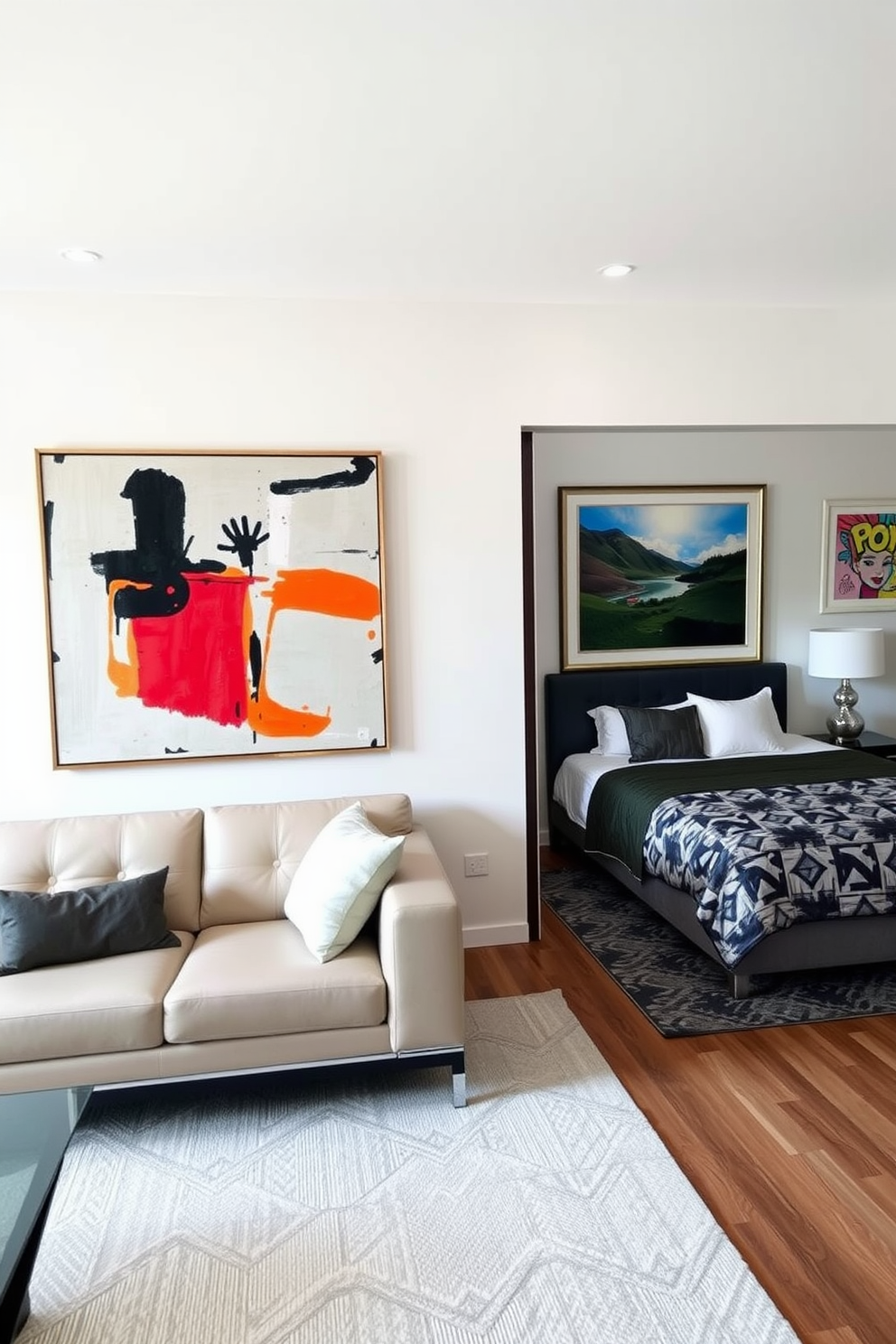 A stylish two-bedroom apartment featuring statement art pieces as focal points. The living room showcases a large abstract painting above a sleek sofa, while the bedrooms each have unique framed artworks that complement the decor. The master bedroom includes a bold landscape painting above the bed, creating a serene atmosphere. In the second bedroom, a vibrant pop art piece adds a playful touch to the space, enhancing its character and charm.