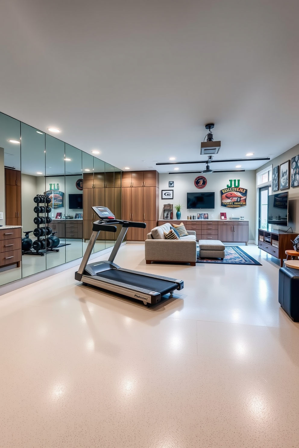 A stylish fitness area featuring state-of-the-art gym equipment including a treadmill and free weights. The walls are lined with large mirrors that enhance the sense of space and light. A spacious two-car garage designed with sleek cabinetry and organized storage solutions. The flooring is finished with durable epoxy, providing a polished look and easy maintenance. A cozy man cave with comfortable seating and a large sectional sofa facing a big-screen TV. The walls are adorned with sports memorabilia and the lighting is soft, creating a relaxed atmosphere.