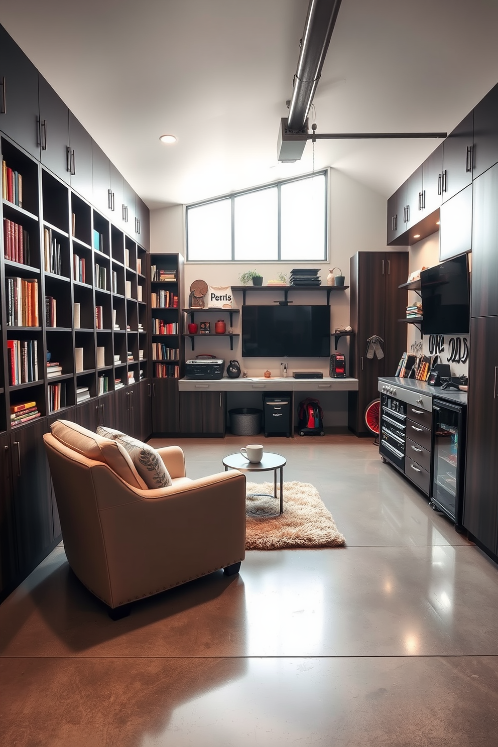 Cozy reading nook with bookshelves. A comfortable armchair is positioned near a large window, with soft natural light streaming in. The walls are lined with built-in bookshelves filled with colorful books and decorative items. A plush area rug lies beneath the chair, and a small side table holds a steaming cup of tea. 2 Car Garage. The garage features sleek cabinetry for storage and a polished concrete floor that reflects the overhead lights. A workbench is positioned against one wall, equipped with tools and organized supplies for DIY projects. Man Cave Design Ideas. The space is designed with a large sectional sofa facing a big-screen TV mounted on the wall. Dark wood accents and ambient lighting create a warm and inviting atmosphere, complemented by a mini-fridge stocked with beverages.