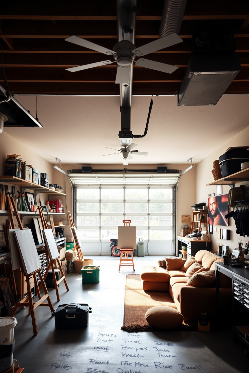 An art studio filled with natural light. There are several easels positioned around the room, with paint supplies neatly organized on shelves. A spacious two-car garage featuring ample storage solutions. The garage is designed with a functional layout, including workbenches and tool organizers for optimal efficiency. A cozy man cave designed for relaxation and entertainment. Plush seating is arranged around a large screen, with decor that reflects personal interests and hobbies.