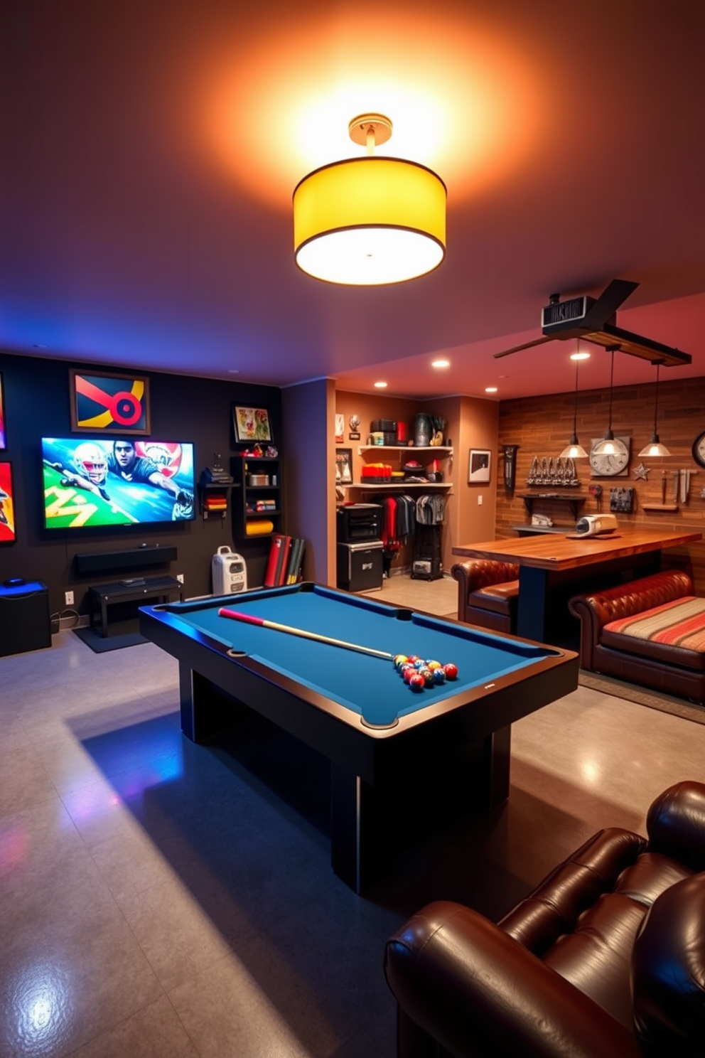A vibrant game room featuring a sleek pool table at the center, surrounded by comfortable seating and a large flat-screen TV mounted on the wall. The space is accented with colorful artwork and ambient lighting, creating an inviting atmosphere for entertainment. A spacious two-car garage designed with organized storage solutions, including wall-mounted shelves and cabinets for tools and equipment. The floor is finished with epoxy for durability, and a workbench is set up for DIY projects, maximizing functionality. A stylish man cave with plush leather sofas and a rustic bar area, perfect for hosting friends. The walls are adorned with sports memorabilia, and soft lighting enhances the cozy vibe, making it an ideal retreat for relaxation and entertainment.