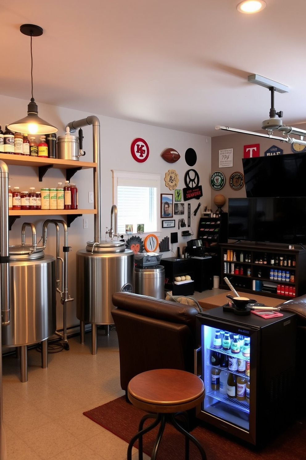 A cozy home brewery featuring stainless steel brewing equipment and wooden shelves stocked with various ingredients. The space is illuminated by warm pendant lights, creating an inviting atmosphere for brewing enthusiasts. A spacious two-car garage designed as a man cave, complete with a comfortable seating area and a large flat-screen TV. The walls are adorned with sports memorabilia, and a mini fridge is stocked with beverages for relaxation after a long day.
