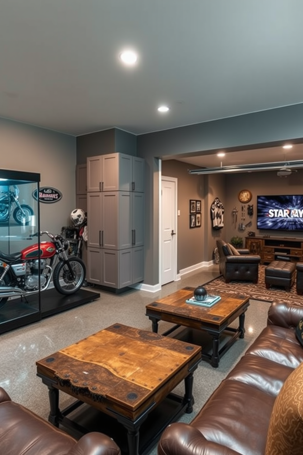 A stylish motorcycle display area features a sleek glass showcase that highlights a vintage motorcycle. Adjacent to the display, a comfortable seating area includes leather sofas and a rustic coffee table, creating a perfect spot for relaxation and conversation. The two-car garage is designed with ample storage solutions, including built-in cabinets and wall-mounted racks for tools and equipment. The flooring is finished with durable epoxy, and the walls are painted in a warm gray tone, enhancing the overall aesthetic. The man cave is a cozy retreat adorned with sports memorabilia and a large flat-screen TV for entertainment. Plush seating is arranged around a central coffee table, while ambient lighting adds a relaxed atmosphere for gatherings with friends.