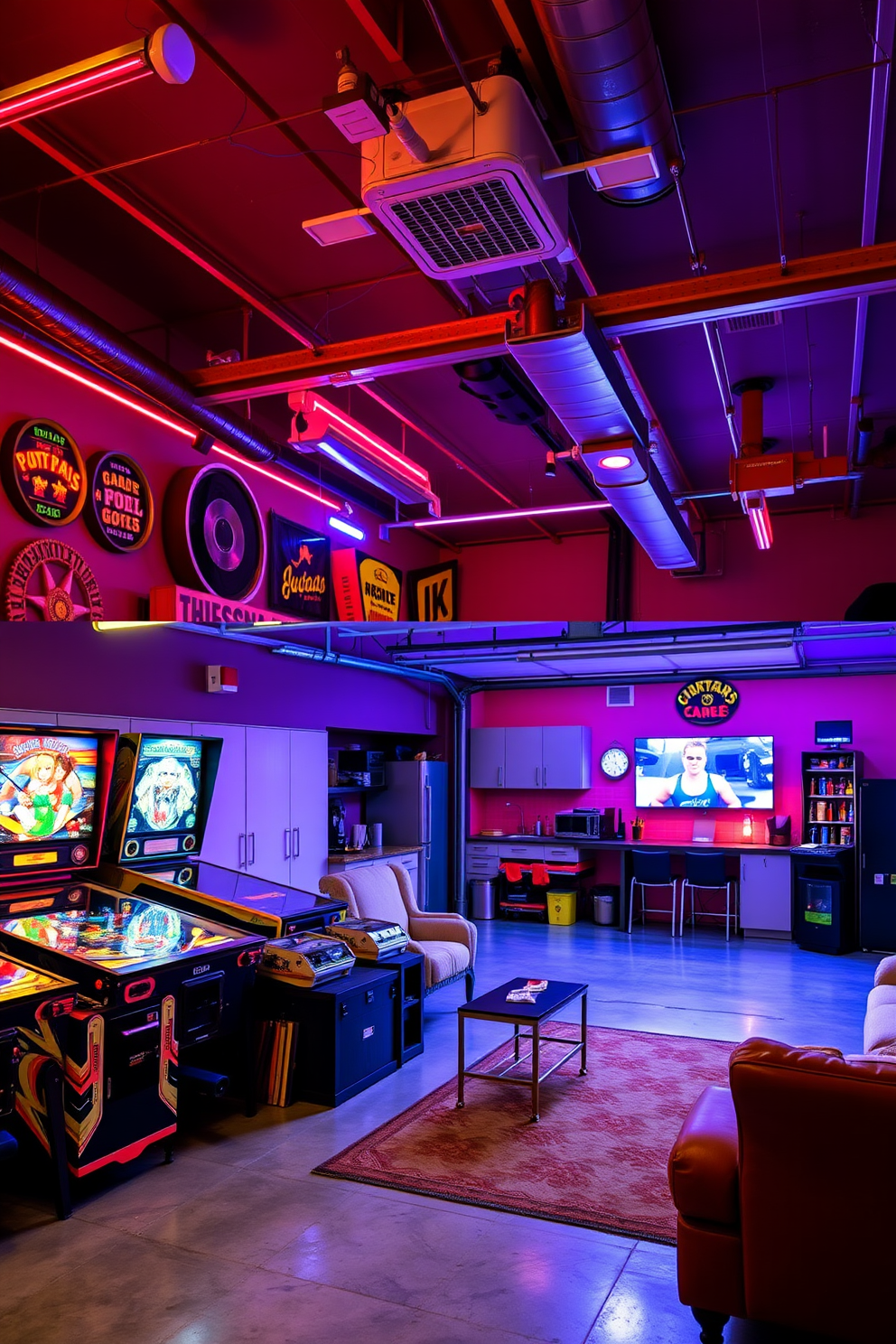 A vibrant retro arcade filled with vintage games. Neon lights illuminate the space, creating a nostalgic atmosphere with classic pinball machines and arcade cabinets lining the walls. A spacious two-car garage designed for functionality and style. The garage features sleek cabinetry for storage, a workbench for projects, and polished concrete flooring for a modern touch. A cozy man cave designed for relaxation and entertainment. Plush seating surrounds a large screen TV, while a mini bar stocked with drinks and snacks adds to the inviting ambiance.