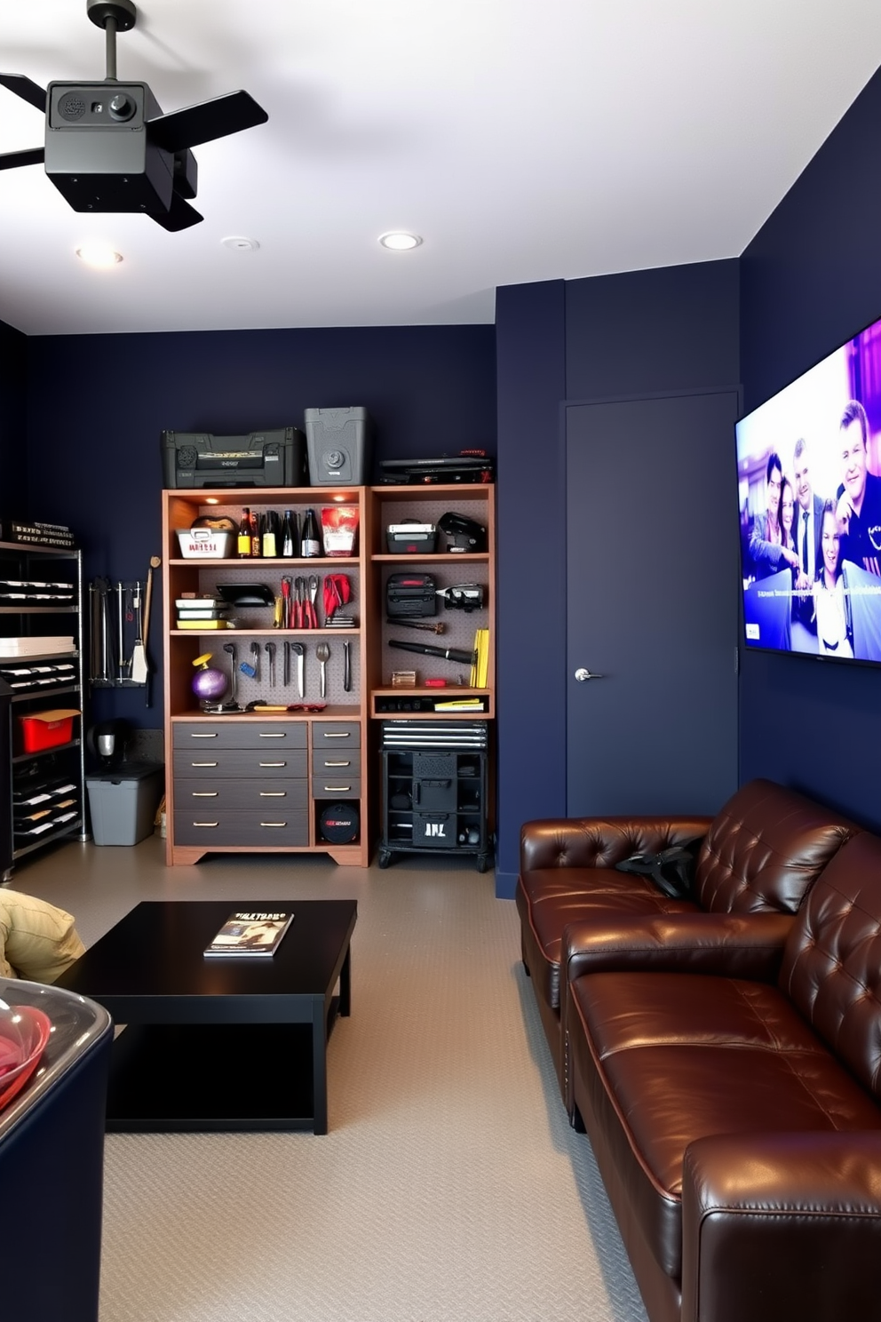 A stylish two car garage man cave with organized supplies. The space features built-in shelving for tools and equipment, complemented by a comfortable lounge area with a leather sofa and a coffee table. The walls are painted in a deep navy blue, creating a cozy atmosphere. A large flat-screen TV is mounted on one wall, and ambient lighting enhances the overall design.