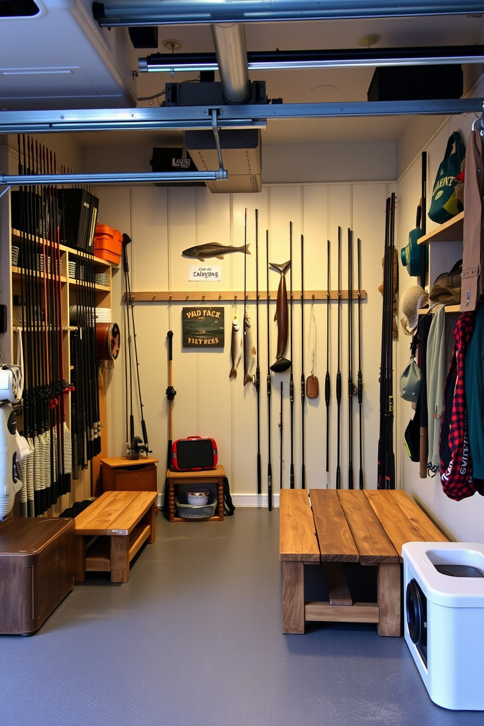 A cozy fishing gear storage and lounge area designed within a two car garage. The space features custom shelving for rods and tackle boxes, with a comfortable seating area including a rustic wooden bench and a small coffee table. The walls are adorned with fishing memorabilia and the floor is covered with a durable, water-resistant material. Soft ambient lighting enhances the inviting atmosphere, making it a perfect retreat for relaxation after a day on the water.