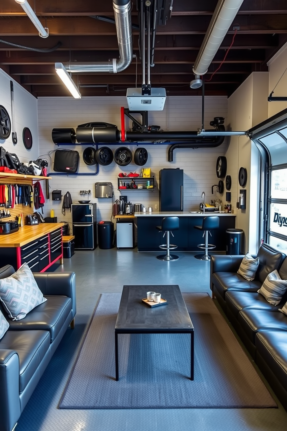 An automotive repair area designed for functionality and style. The space features a sturdy workbench lined with high-quality tools, complemented by wall-mounted storage for easy access. The garage is designed as a man cave, showcasing a sleek bar area with high stools and a mini fridge. Comfortable seating is arranged around a central coffee table, creating a perfect spot for relaxation and socializing.