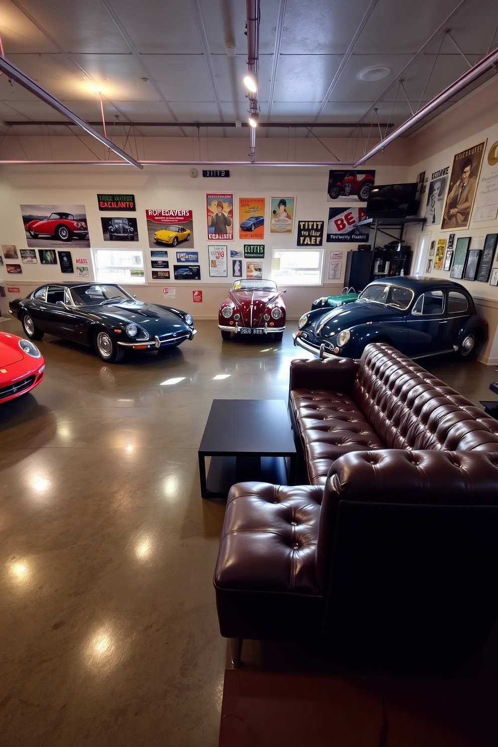 A vintage car showcase and lounge area features polished concrete floors that reflect the gleam of classic automobiles. The walls are adorned with retro posters and memorabilia, creating an inviting atmosphere for car enthusiasts. In the center of the garage, a comfortable leather sofa is positioned alongside a sleek coffee table. Ambient lighting highlights the cars on display while providing a cozy space for relaxation and conversation.