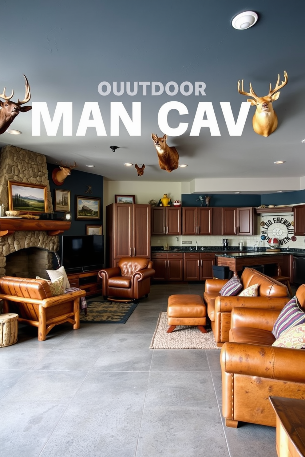A cozy outdoor-themed man cave featuring rustic wooden furniture and a stone fireplace. The space is adorned with nature-inspired decor, including mounted animal heads and framed landscape photographs. A spacious two-car garage transformed into a stylish man cave with sleek cabinetry and a bar area. The walls are painted in a deep navy, and the floor is polished concrete, complemented by comfortable seating and sports memorabilia.