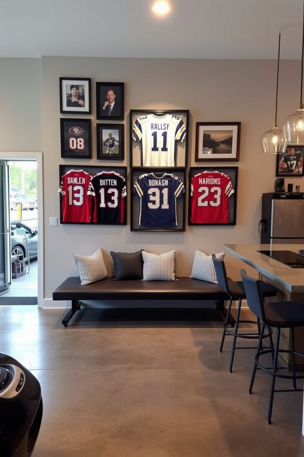 A stylish sports memorabilia display is set against a feature wall adorned with framed jerseys and signed photographs. Below the display, a sleek bench with comfortable cushions provides seating for guests, creating an inviting atmosphere. The two-car garage is transformed into a man cave with a polished concrete floor and ambient lighting. A bar area featuring high-top stools and a mini fridge complements the space, making it perfect for entertaining friends.