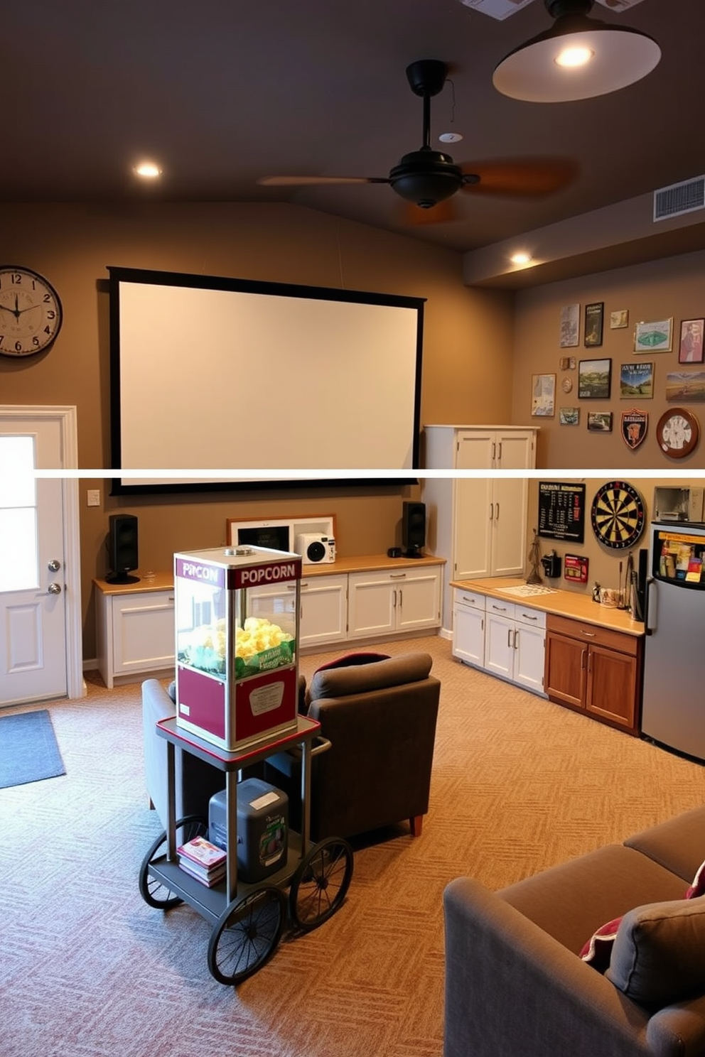 A cozy movie night setup featuring a vintage popcorn machine on a stylish cart. The room is adorned with a large screen for viewing, surrounded by plush seating and soft lighting to create a welcoming atmosphere. A functional two-car garage transformed into a man cave with custom cabinetry for tools and gear. The space includes a comfortable lounge area with a mini fridge, a dartboard, and wall-mounted memorabilia for a personal touch.