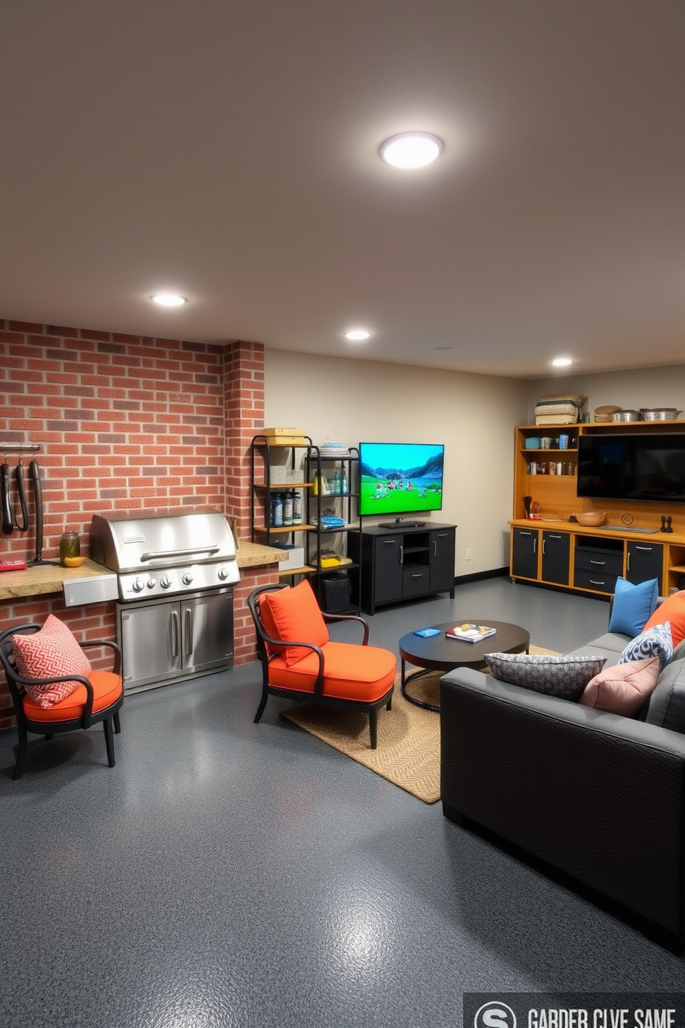 A cozy barbecue area featuring a sleek grill positioned against a brick wall. Surrounding the grill, there are comfortable outdoor seating arrangements with cushions in vibrant colors. A spacious two-car garage designed with ample storage solutions and organized shelving. The garage floor is finished with epoxy for durability and easy maintenance. A stylish man cave designed for relaxation and entertainment. The space includes a large sectional sofa, a big-screen TV, and a mini-bar stocked with drinks and snacks.