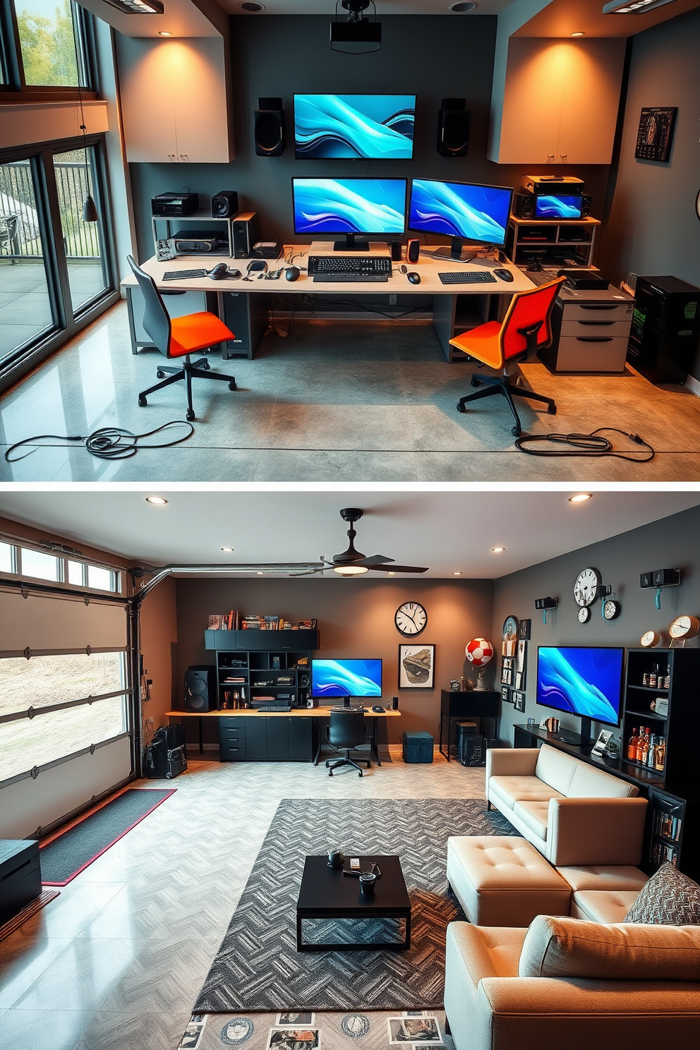 A modern tech hub filled with sleek computers and the latest gadgets. The space features minimalist furniture with vibrant accents, large windows allowing natural light, and organized cable management for a clean look. A spacious two-car garage designed for functionality and style. The garage includes built-in storage solutions, a workbench for DIY projects, and stylish flooring that enhances the overall aesthetic. A cozy man cave designed for relaxation and entertainment. The room features a large sectional sofa, a big-screen TV, and a mini bar stocked with beverages, all accented by warm lighting and personal memorabilia.