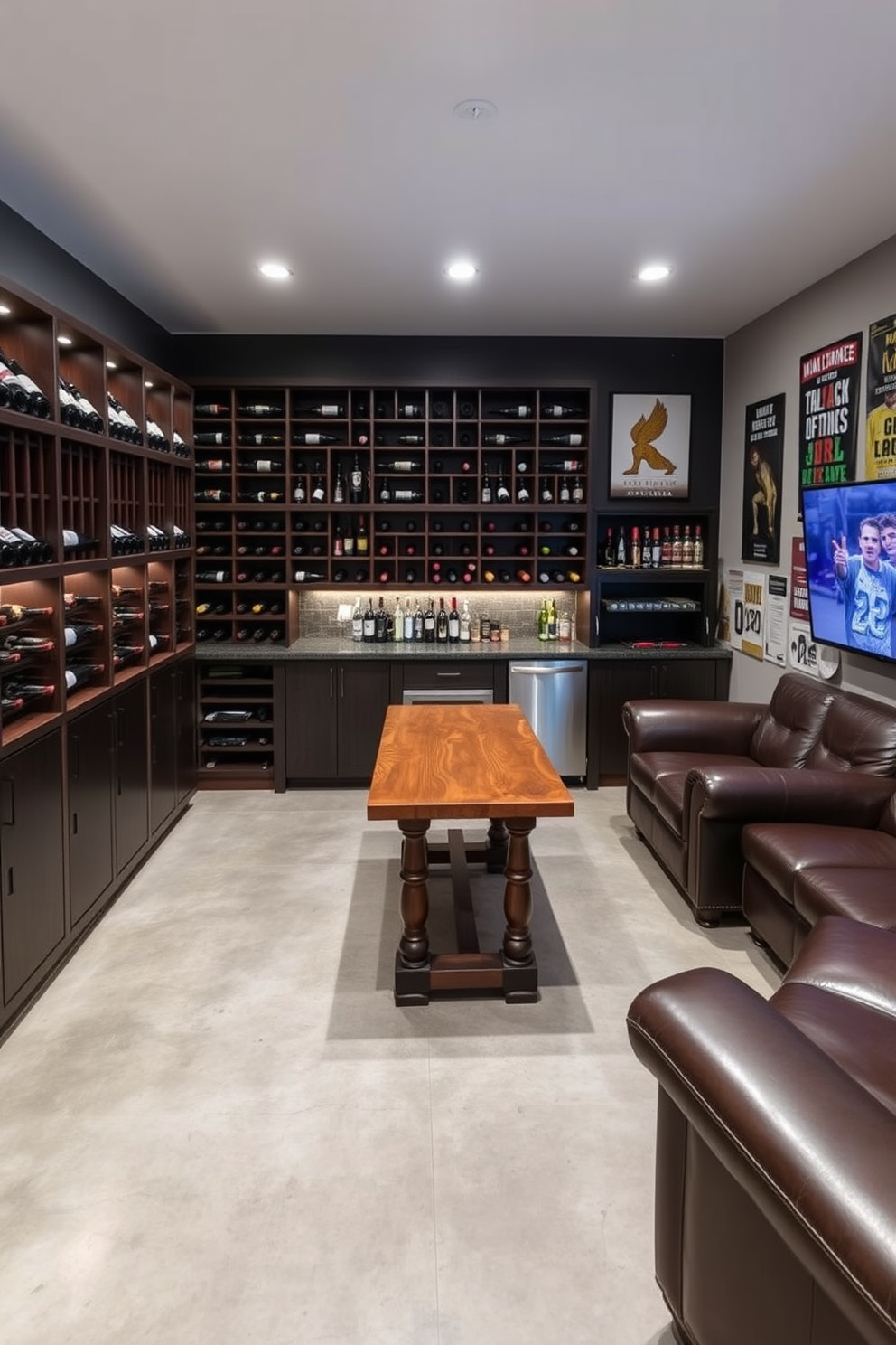 A wine cellar with a tasting area features dark wood shelving lined with bottles and a rustic wooden tasting table at the center. Soft ambient lighting highlights the rich colors of the wine and creates an inviting atmosphere for guests. The two-car garage is designed with sleek cabinetry for storage and a polished concrete floor for easy maintenance. A dedicated workspace with tools and equipment is included, ensuring functionality while maintaining a stylish appearance. The man cave is a cozy retreat with a plush leather sectional and a large flat-screen TV mounted on the wall. Vintage posters and memorabilia adorn the walls, complemented by a mini-bar stocked with favorite beverages for entertaining friends.