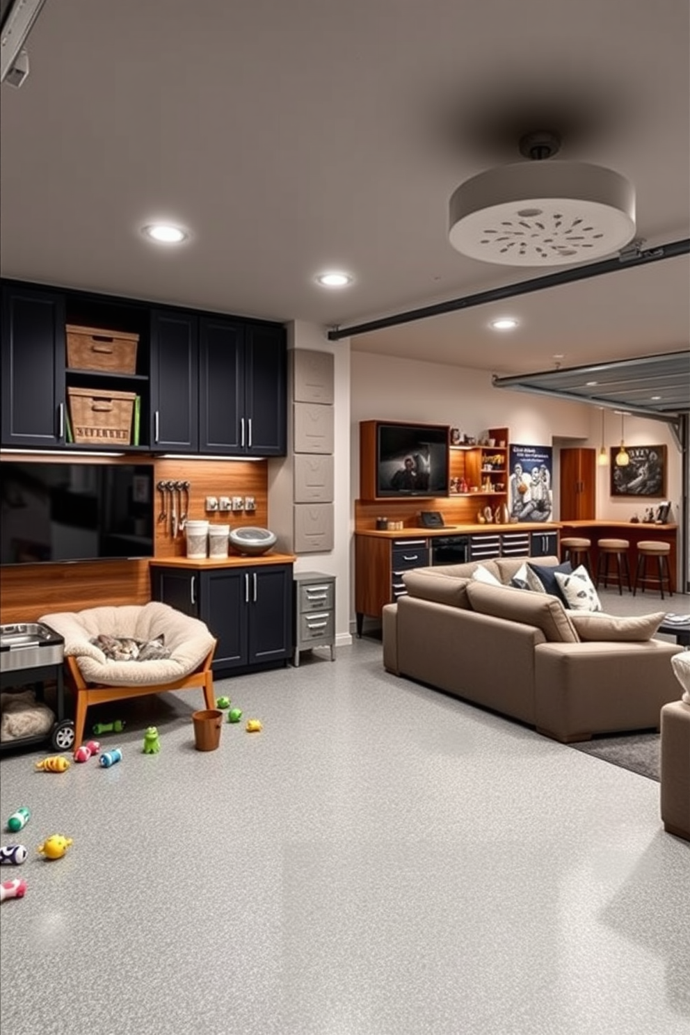 A cozy pet corner designed for furry friends. It features a plush bed in the corner, colorful toys scattered around, and a stylish feeding station with elevated bowls. A spacious two-car garage with organized storage solutions. It includes built-in cabinets, a workbench for DIY projects, and ample lighting for functionality. A stylish man cave designed for relaxation and entertainment. It incorporates a large sectional sofa, a big-screen TV, and a mini bar with high stools for socializing.