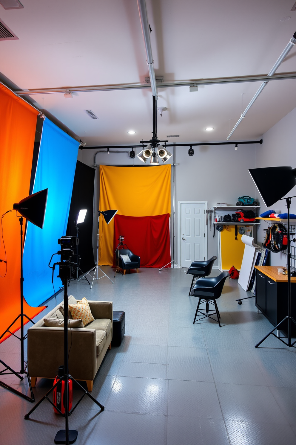 A spacious photography studio filled with various backdrops in vibrant colors and textures. Professional lighting equipment is strategically placed around the room to enhance the creative atmosphere. A modern two-car garage designed as a stylish man cave. The space includes comfortable seating, a mini bar, and wall-mounted storage for tools and sports equipment.