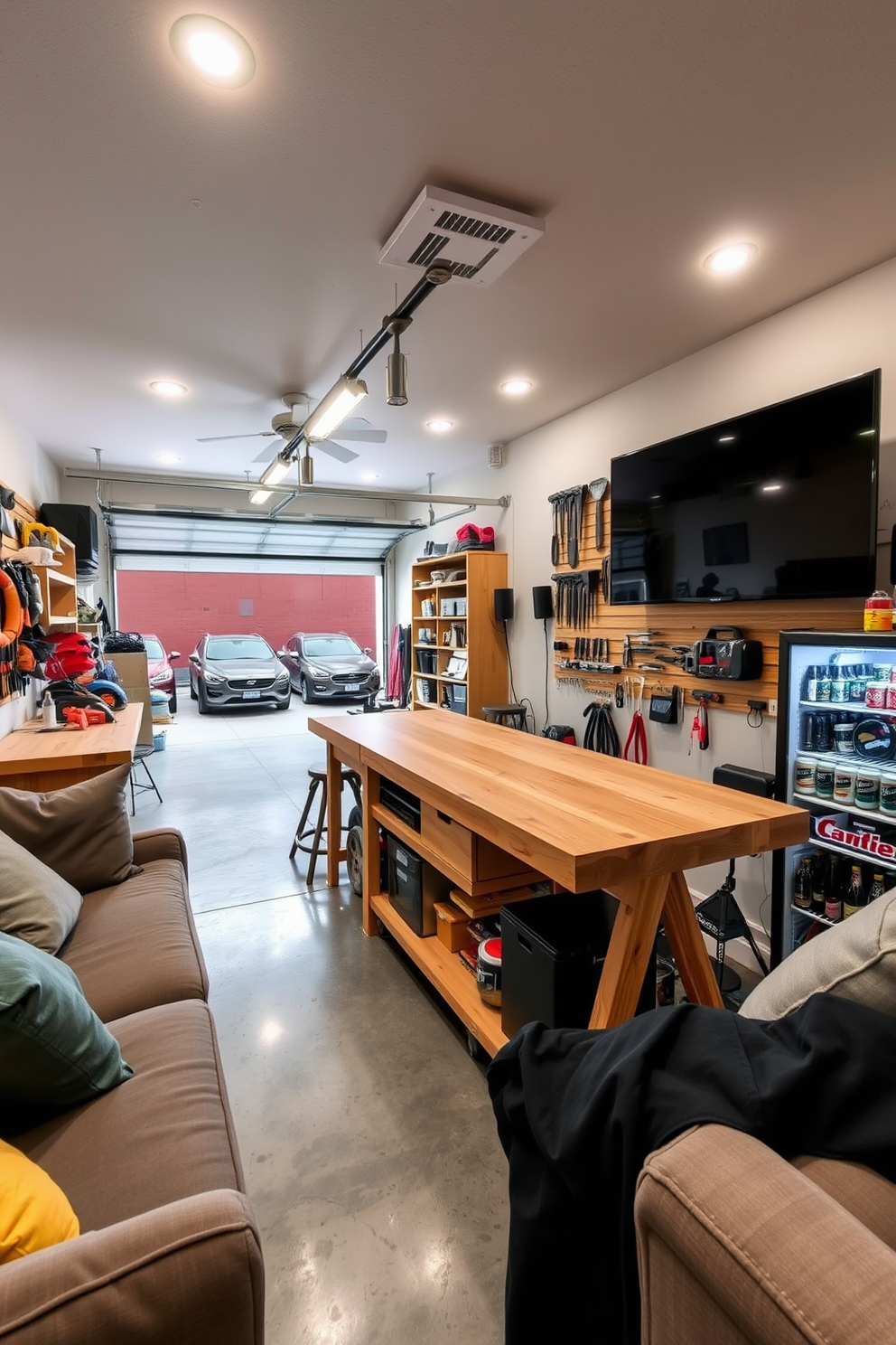 A cozy hobby workshop for DIY projects. The space features a sturdy wooden workbench with ample storage for tools and materials, illuminated by bright overhead lighting. The garage accommodates two cars with additional space for shelving and organization. A polished concrete floor complements the sleek design, while a tool wall showcases an array of equipment for easy access. The man cave is designed for relaxation and entertainment. Plush seating surrounds a large flat-screen TV, and a mini-fridge stocked with beverages adds convenience for guests.