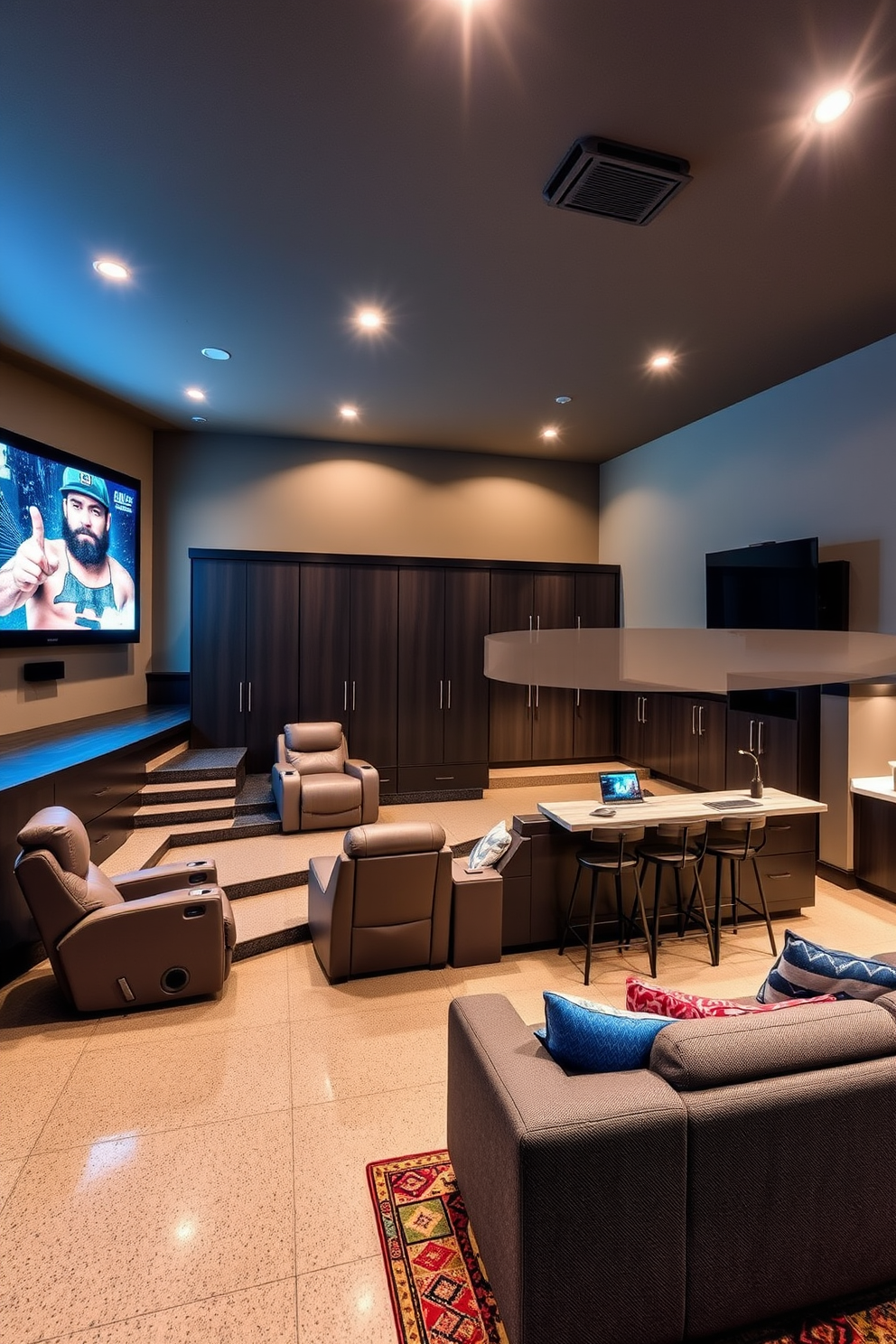 A luxurious home theater featuring a large projector screen mounted on the wall. Plush reclining seats are arranged in a tiered layout, with ambient lighting illuminating the space. A spacious two-car garage designed with sleek cabinetry and organized storage solutions. The floor is finished with a durable epoxy coating, providing a clean and modern look. An inviting man cave designed for relaxation and entertainment. The space includes a comfortable sectional sofa, a large flat-screen TV, and a stylish bar area with high stools.