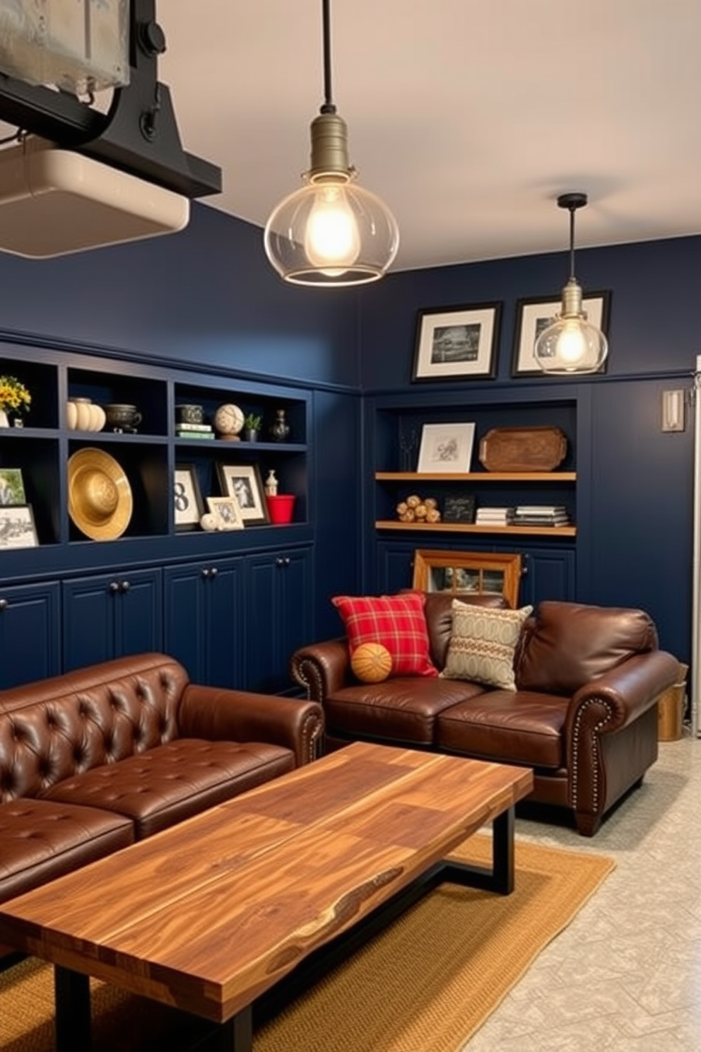A stylish garage space designed as a man cave. The walls are painted in a deep navy blue, and there are built-in shelves filled with seasonal decor items. A comfortable seating area features a leather sofa and a coffee table made of reclaimed wood. Ambient lighting is provided by industrial-style pendant lights hanging from the ceiling.