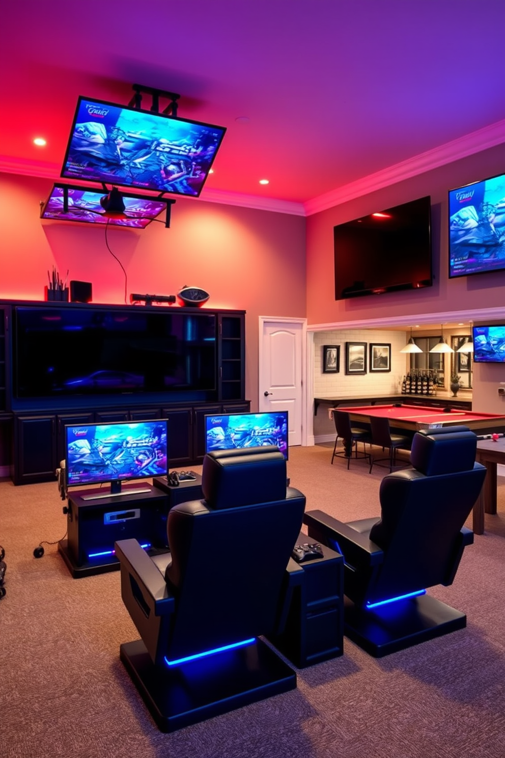 A gamer’s paradise featuring multiple screens arranged for optimal viewing. The room is equipped with comfortable gaming chairs and ambient LED lighting that enhances the gaming experience. A spacious two-car garage transformed into a man cave. The design includes a lounge area with a bar, wall-mounted televisions, and a pool table for entertainment.