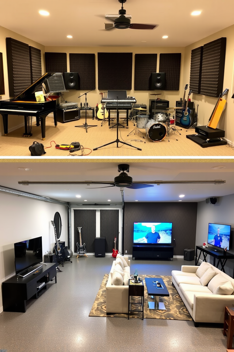 A modern music studio featuring soundproof walls and acoustic panels. Various instruments including a grand piano, guitars, and a drum set are arranged in a creative layout. A spacious two-car garage designed for functionality and style. The garage includes built-in storage solutions, a workbench, and a sleek epoxy floor finish. A cozy man cave designed for relaxation and entertainment. It features a large sectional sofa, a big screen TV, and a bar area with stylish stools.