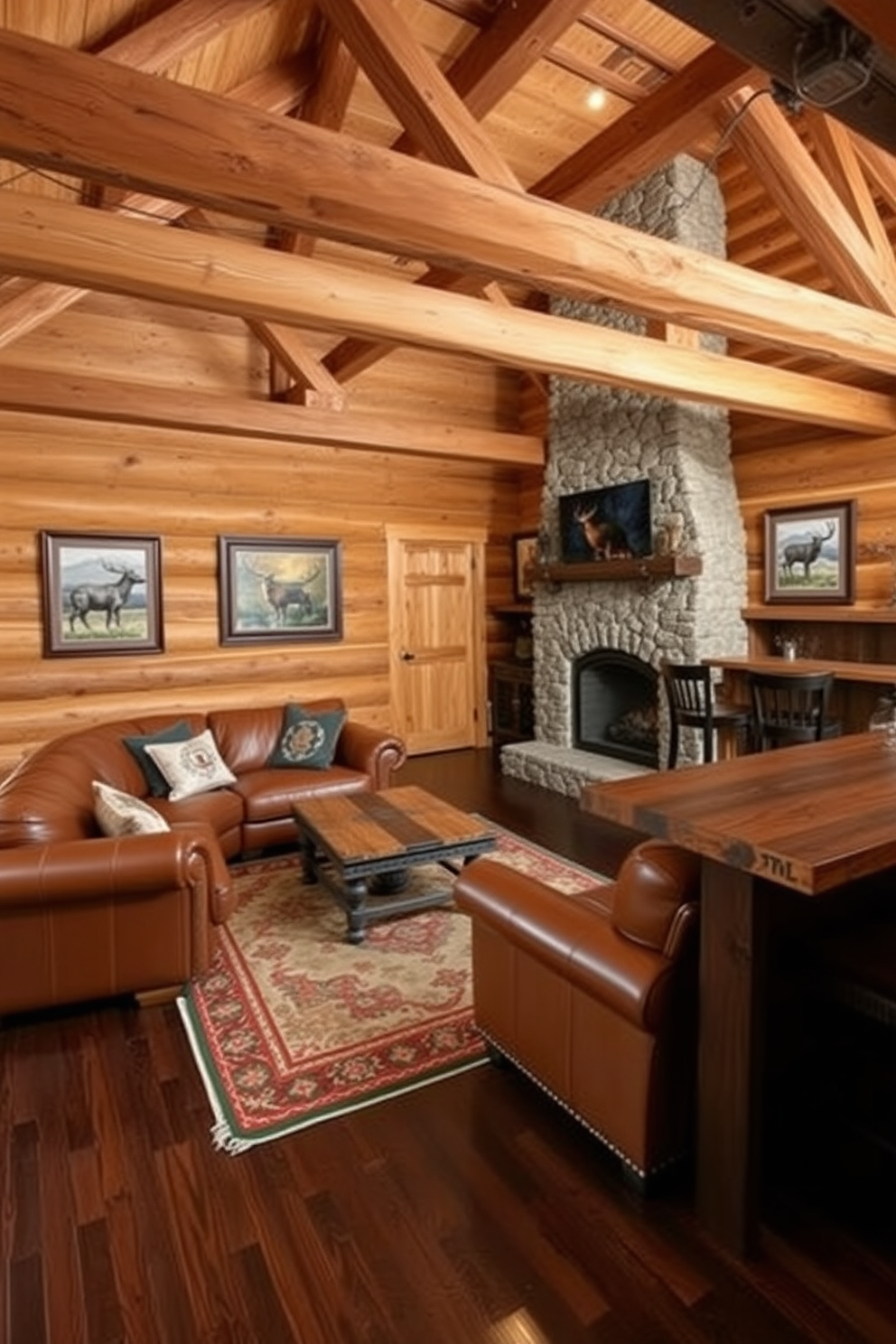 A rustic cabin style man cave featuring exposed wooden beams and a stone fireplace. The space includes a large leather sectional sofa, a reclaimed wood coffee table, and a vintage rug that adds warmth to the room. The walls are adorned with framed wildlife artwork and the floors are finished with dark hardwood. A wet bar made from reclaimed wood and a couple of high-top stools complete the cozy atmosphere of this two-car garage man cave.