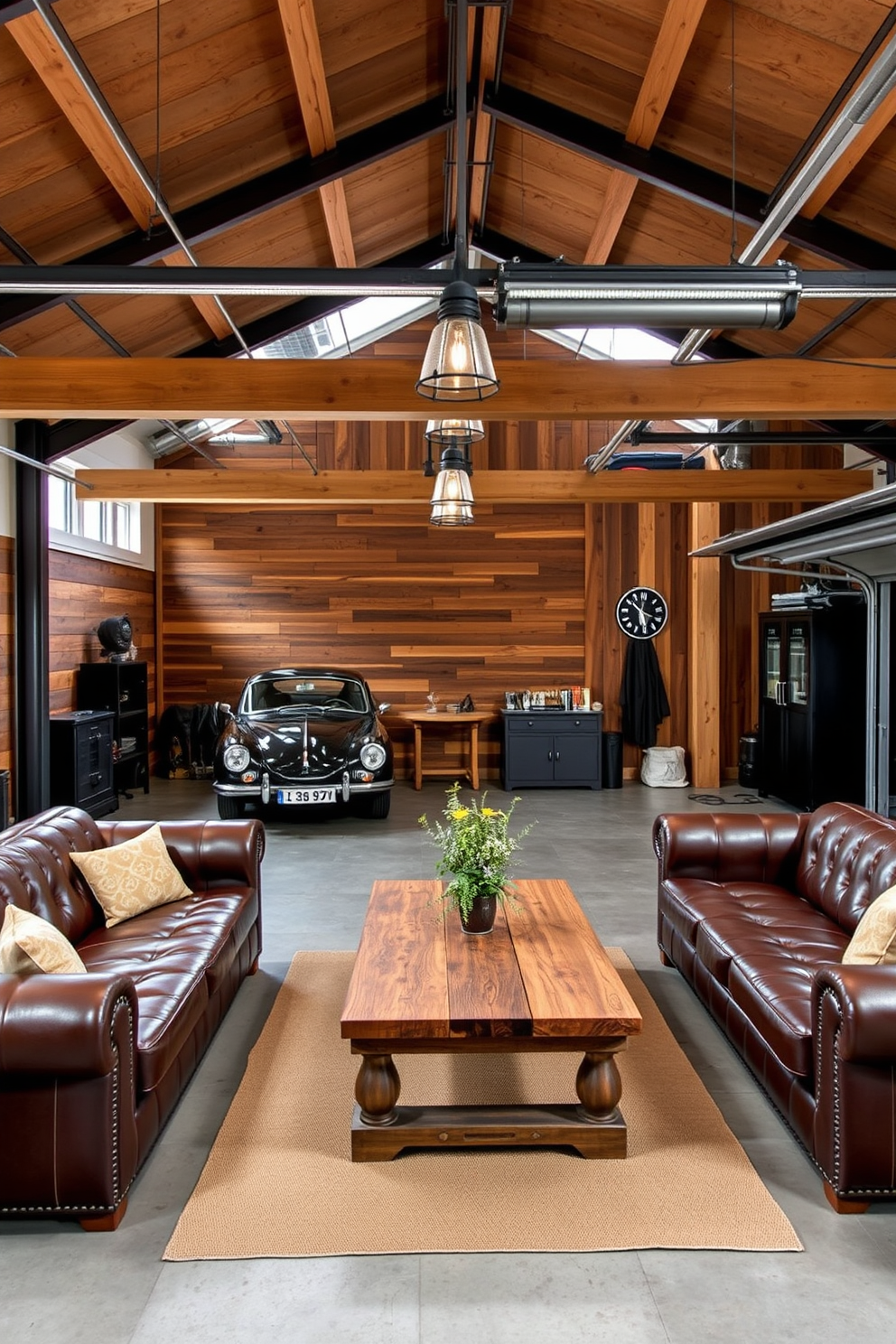 A stylish two car garage man cave featuring exposed metal beams and reclaimed wood accents. The space includes a comfortable seating area with leather sofas and a rustic coffee table, complemented by industrial-style lighting fixtures hanging from the ceiling.