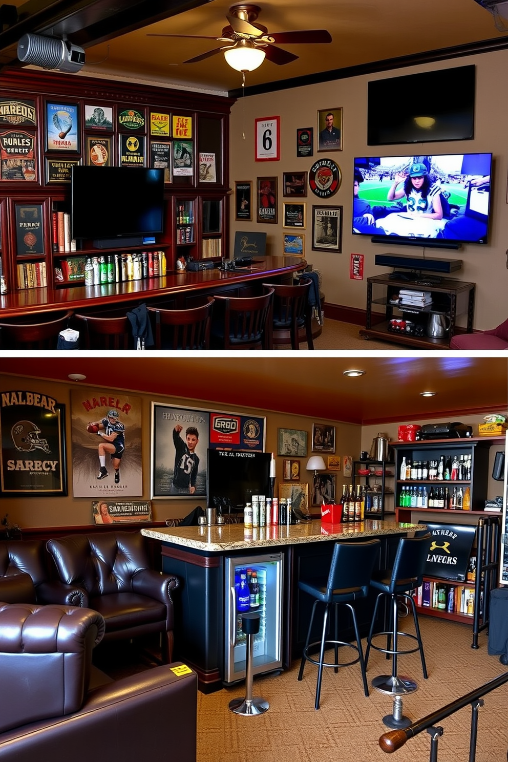 A classic pub setting featuring dark wooden bar stools arranged around a polished mahogany bar. The bar is lined with an array of taps, showcasing various craft beers, and the walls are adorned with vintage beer posters and memorabilia. A spacious two-car garage transformed into a man cave with comfortable leather seating and a large flat-screen TV mounted on the wall. The garage features a stylish bar area with high-top stools, a mini-fridge stocked with beverages, and sports memorabilia decorating the shelves.