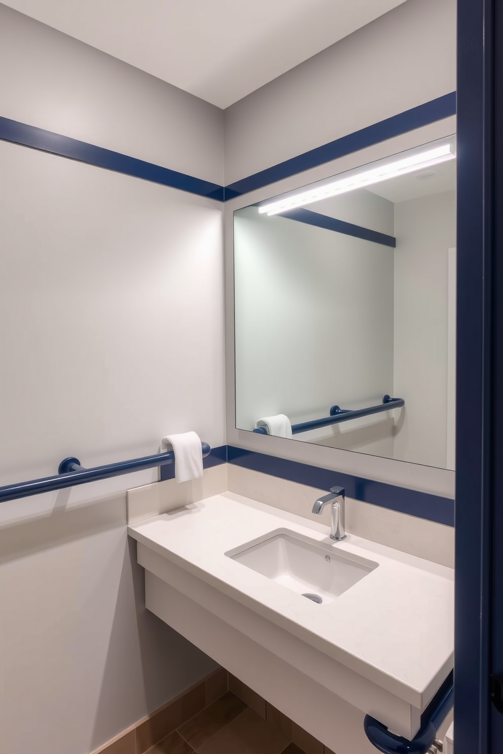 A modern ADA compliant bathroom featuring high contrast colors for enhanced visibility. The walls are painted in a soft light gray, while the fixtures and grab bars are in a bold navy blue for clear differentiation. The countertop is a sleek white quartz with an integrated sink, providing a seamless look. A large mirror with a backlight is positioned above the sink, ensuring ample illumination for daily activities.