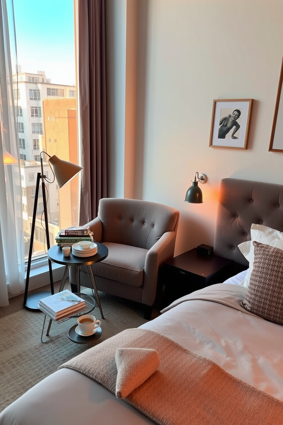 A cozy reading nook is nestled by a large window, allowing natural light to flood the space. A plush armchair in a soft fabric faces a small side table, perfect for holding a steaming cup of tea and a stack of books. The walls are painted in a warm, inviting color that complements the soft textures of the room. A floor lamp with a gentle glow stands beside the chair, creating an ideal ambiance for relaxation and reading.