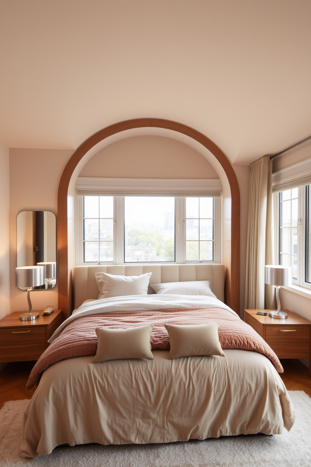 A cozy apartment bedroom featuring vintage decor elements. The walls are adorned with floral wallpaper, and a wrought iron bed frame holds a plush quilt in pastel colors. An antique dresser sits against one wall, topped with a collection of framed family photos and a vintage lamp. A small reading nook is created by a velvet armchair and a side table, inviting relaxation with a stack of classic novels.