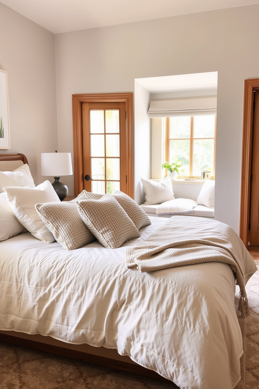 A cozy apartment bedroom features personalized bedding with a soft, textured duvet in warm earth tones. The pillows are a mix of patterns and solids, creating a layered and inviting look that enhances the overall comfort of the space. The walls are painted in a soothing neutral shade, complemented by a plush area rug that adds warmth underfoot. A stylish nightstand holds a small lamp and a stack of books, creating a perfect nook for relaxation.