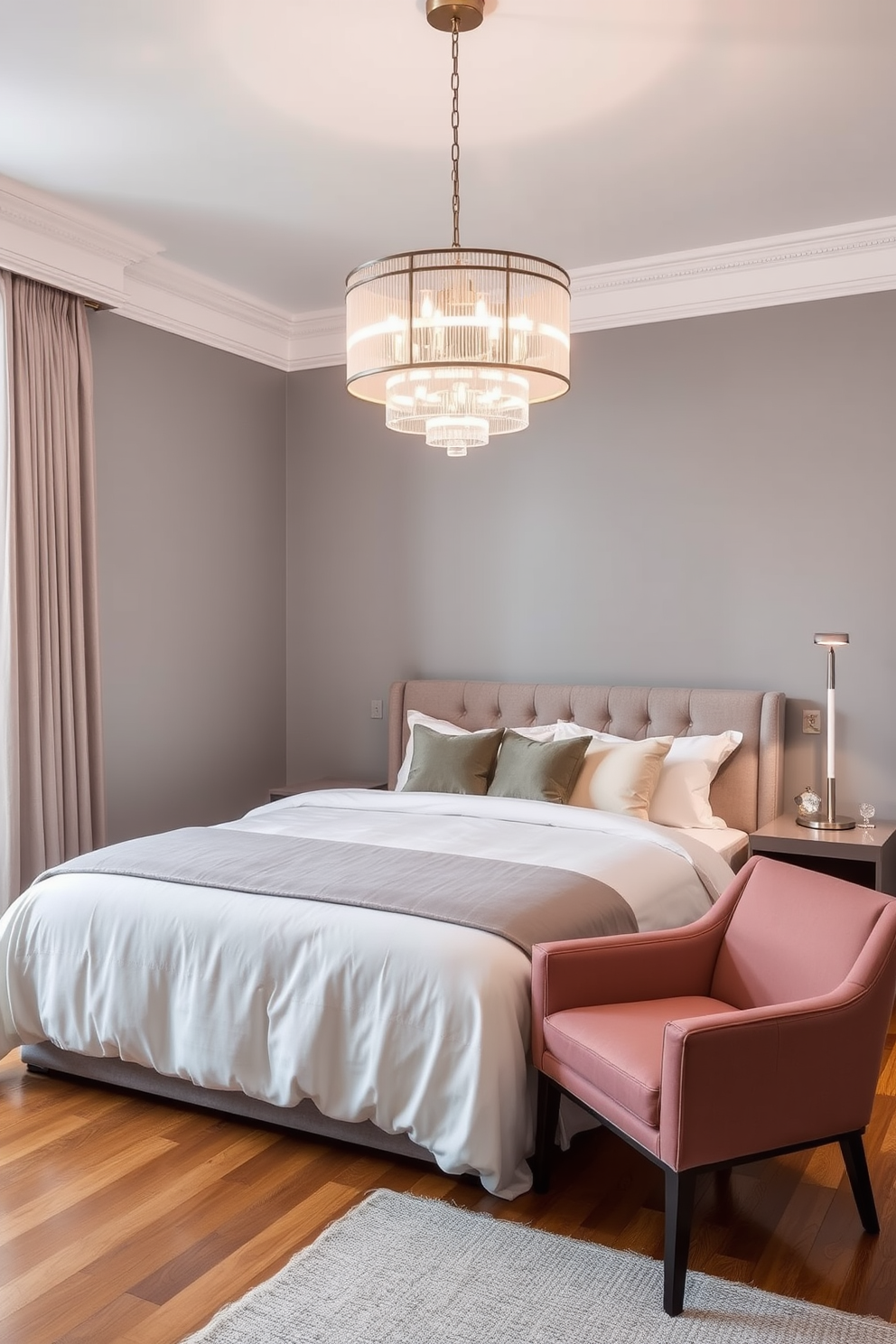 A modern apartment bedroom featuring a bold accent wall painted in deep navy blue. The bed is dressed in crisp white linens with vibrant throw pillows in shades of mustard yellow and teal. A sleek nightstand with a unique geometric lamp sits on either side of the bed. Large windows allow natural light to flood the space, highlighting the plush area rug that adds warmth to the hardwood floor.