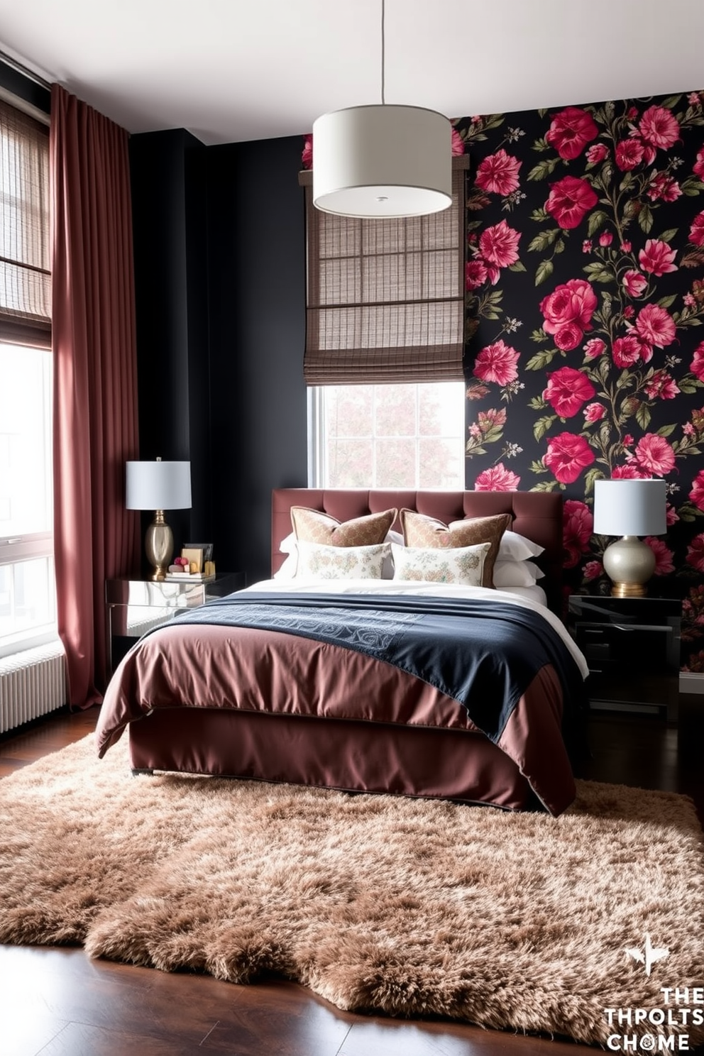 A cozy apartment bedroom featuring layered textiles that create a warm and inviting atmosphere. The bed is adorned with plush blankets and an array of decorative pillows in varying textures and colors. Soft curtains frame the windows, allowing natural light to filter through gently. A stylish area rug adds comfort underfoot, complementing the overall design with its intricate patterns.