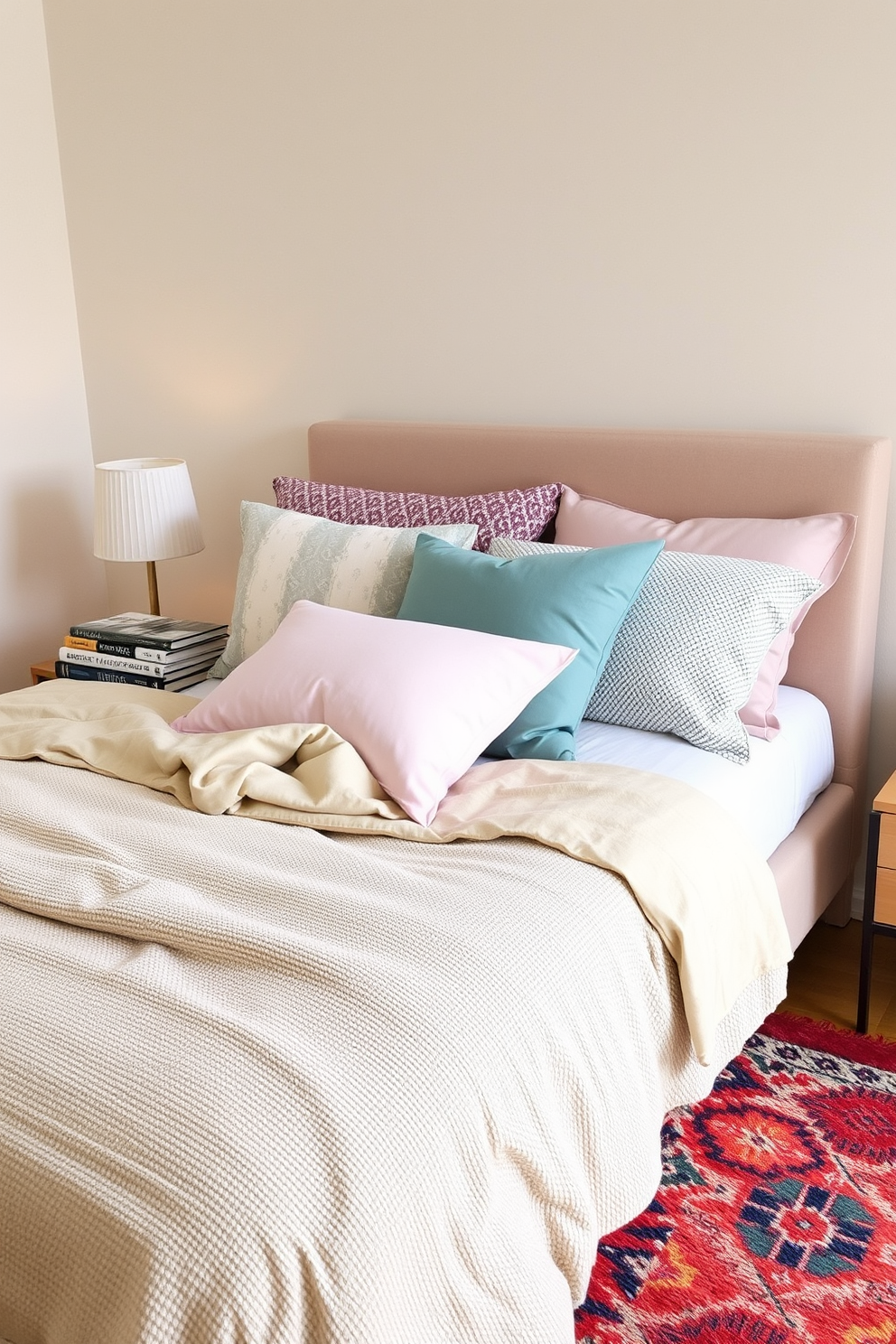 Stylish storage solutions under the bed create a functional and organized space. The bed features a sleek platform design with built-in drawers that seamlessly blend into the overall aesthetic of the room. The room is adorned with soft, neutral tones and cozy textiles that enhance the inviting atmosphere. A modern area rug adds warmth and texture, while decorative pillows on the bed provide a pop of color and comfort.