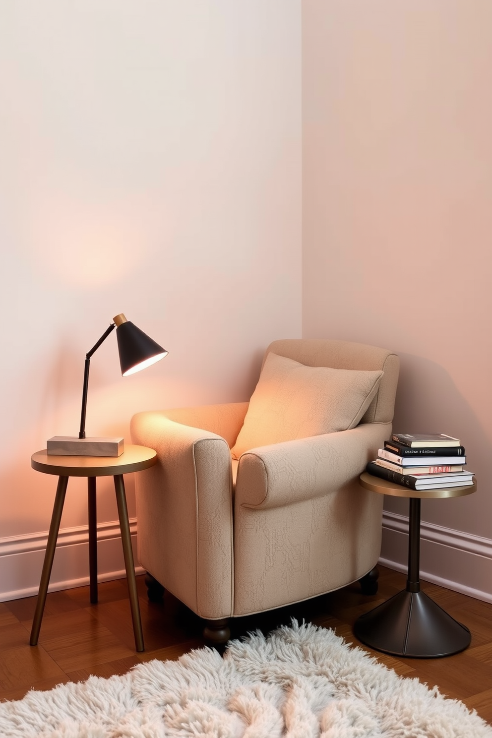 Artistic light fixtures hang elegantly from the ceiling, casting a warm glow throughout the room. The walls are adorned with soft, neutral tones that complement the modern decor, creating a serene atmosphere. A plush bed with a textured headboard is positioned centrally, flanked by stylish nightstands. The floor features a cozy area rug that adds warmth and ties the space together, enhancing the overall inviting feel of the bedroom.