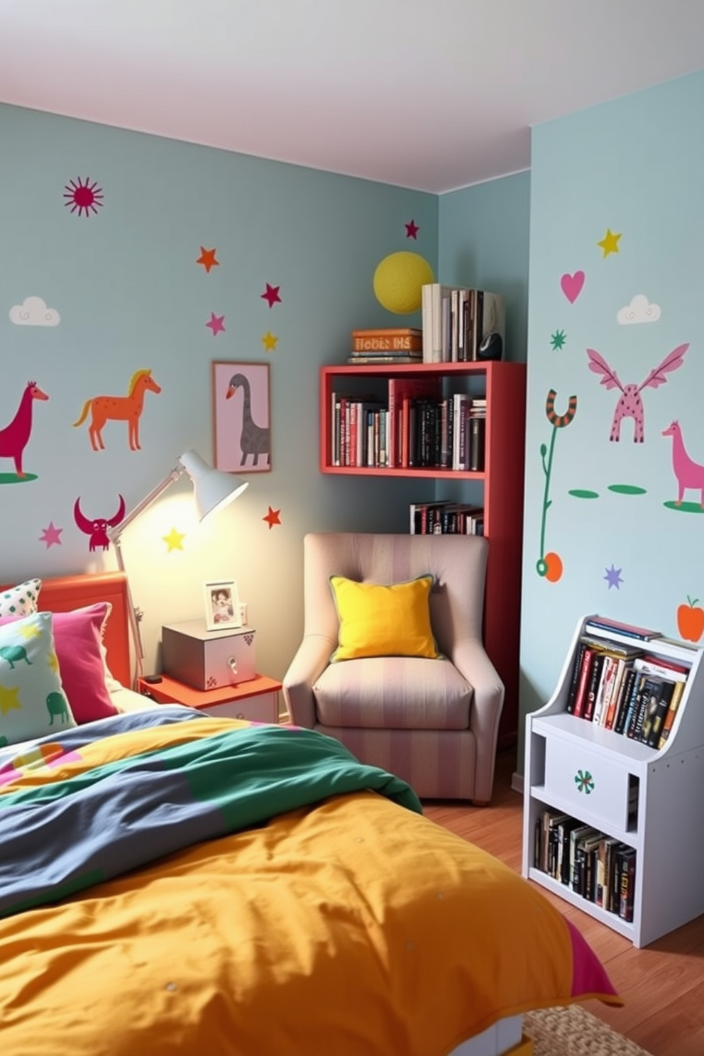 A serene meditation corner nestled in a cozy apartment bedroom. Soft natural light filters through sheer curtains, illuminating a plush floor cushion surrounded by potted plants. A small wooden side table holds a calming candle and a stack of inspirational books. The walls are painted in a soothing pastel hue, enhancing the tranquil atmosphere of the space.