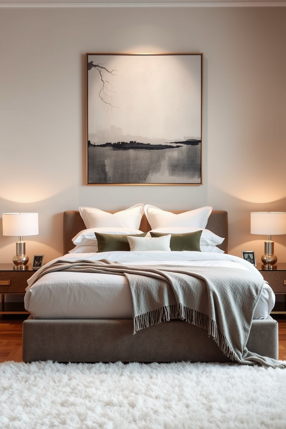 A modern apartment bedroom featuring a plush bed with a stylish headboard and crisp white linens. At the foot of the bed, a chic upholstered bench adds functionality and elegance to the space. The walls are painted in a soft gray tone, creating a calming atmosphere. Large windows allow natural light to flood in, while sheer curtains add a touch of sophistication.