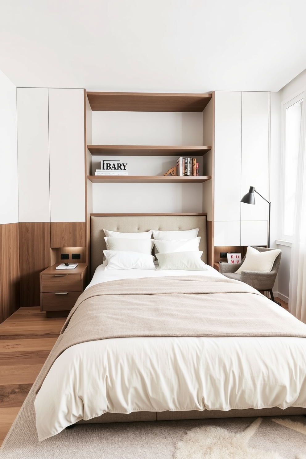A cozy apartment bedroom that seamlessly blends modern and vintage elements. The room features a sleek platform bed with a tufted headboard paired with antique bedside tables. Natural light floods the space through large windows adorned with sheer curtains. A vintage armchair sits in the corner, complemented by a contemporary floor lamp for a stylish reading nook. The walls are painted in a soft neutral tone, creating a calming atmosphere. A mix of modern abstract art and vintage framed photographs adorns the walls, adding character to the design.