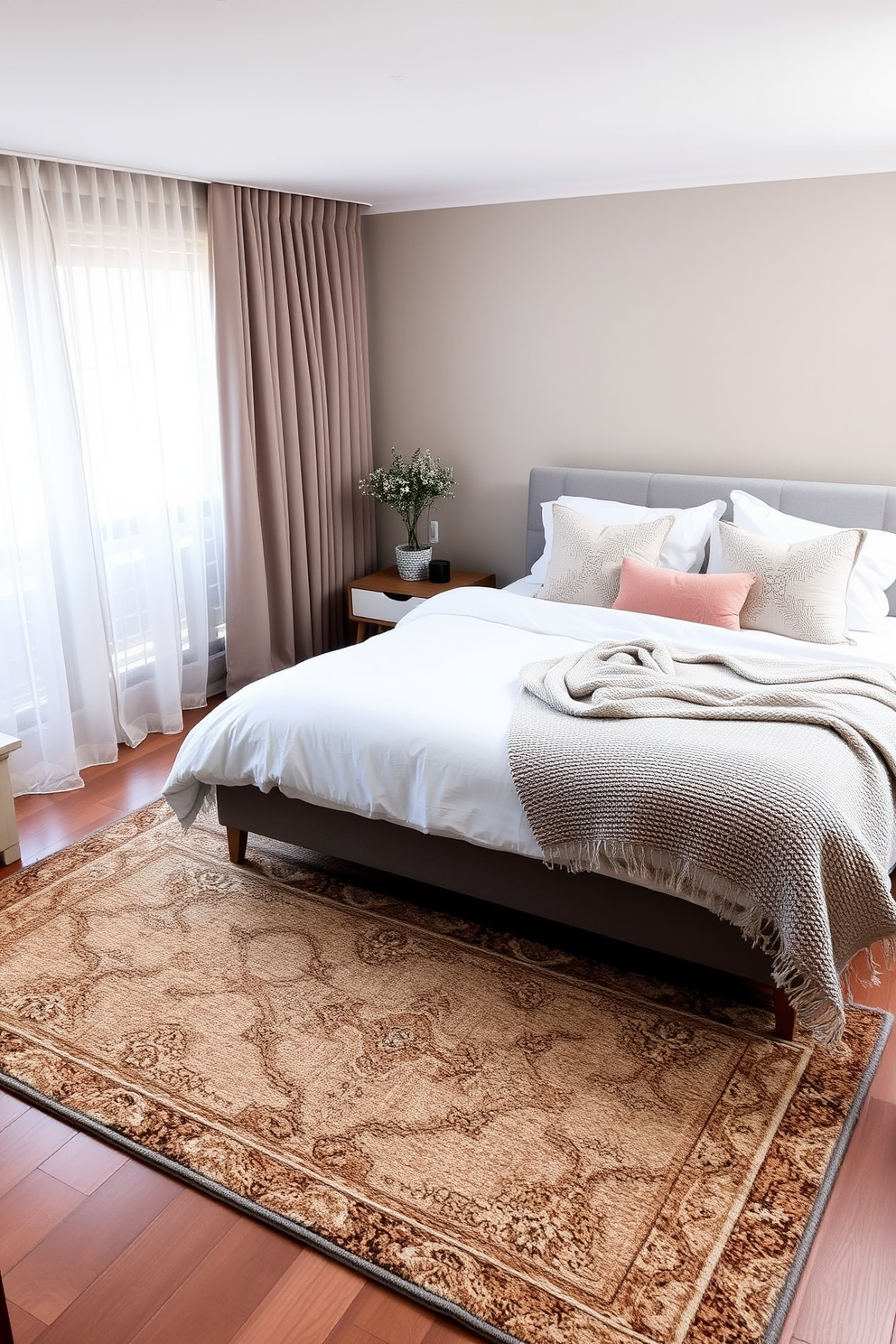 A gallery wall filled with personal artwork serves as a stunning focal point in the apartment bedroom. The wall showcases a mix of framed paintings and photographs, arranged in an eclectic yet harmonious layout. The bedroom features a cozy bed with soft linens, positioned against the gallery wall. Complementing the artwork, the decor includes a stylish nightstand and a warm area rug, enhancing the inviting atmosphere.