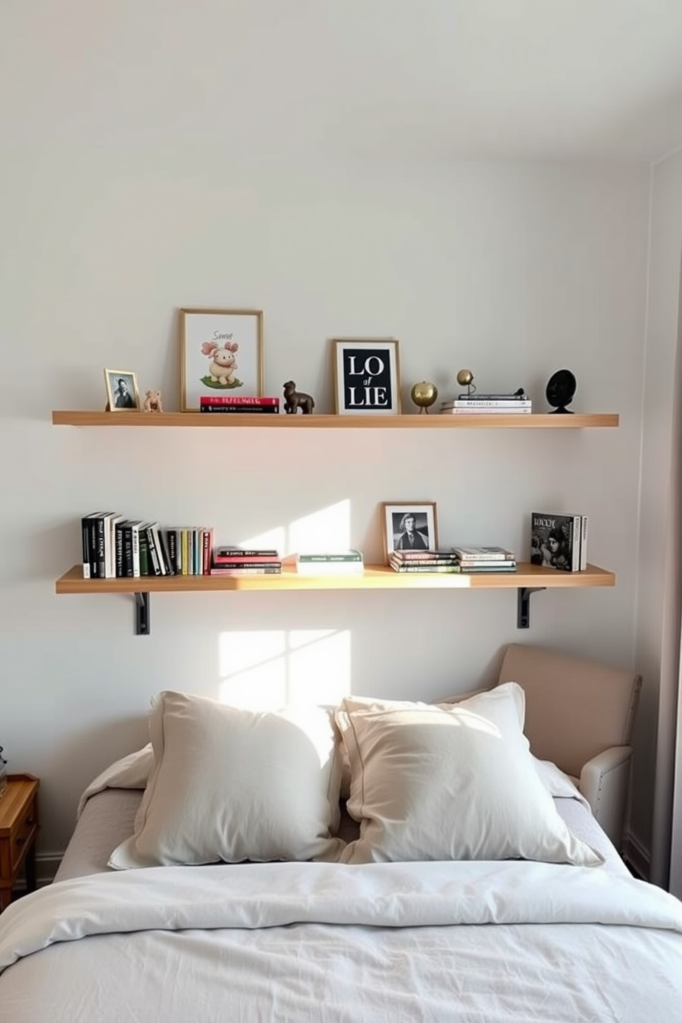 A cozy apartment bedroom with a bold accent wall featuring intricate floral wallpaper. The room includes a plush bed with a tufted headboard and soft bedding, complemented by stylish bedside tables and modern lamps.