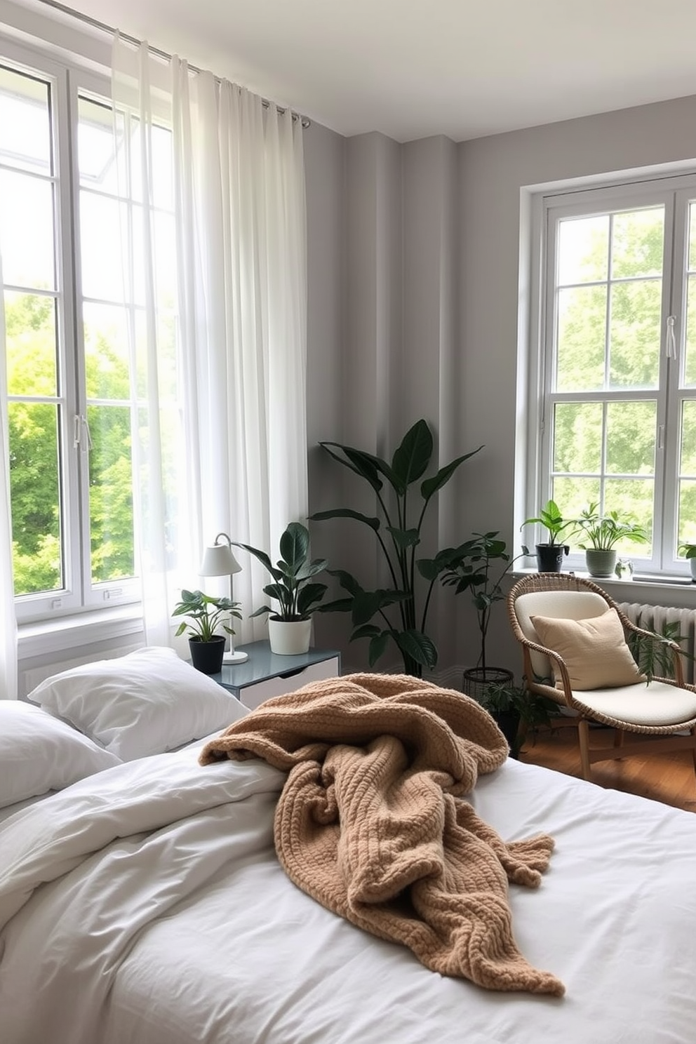 A cozy apartment bedroom featuring floating shelves that provide stylish storage solutions. The shelves are adorned with carefully curated decor items and books, adding a personal touch to the space. The bed is positioned against a soft, textured wall, creating a focal point in the room. Warm lighting from bedside lamps enhances the inviting atmosphere, making it a perfect retreat.