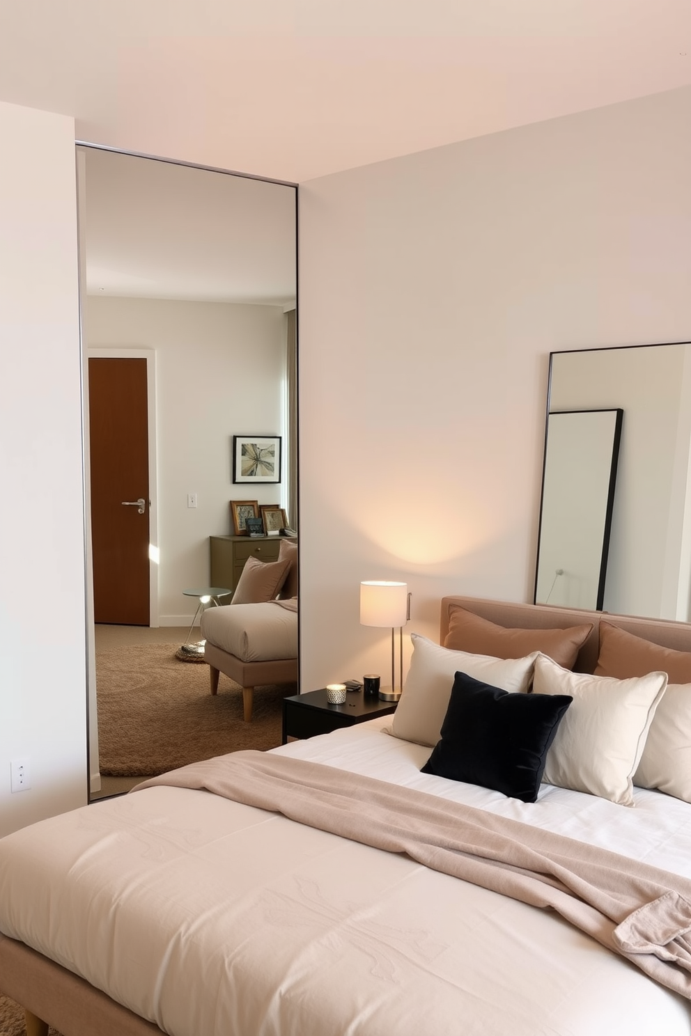 A serene apartment bedroom featuring a plush king-sized bed adorned with soft white linens and a mix of colorful throw pillows. Tall potted plants are placed in the corners, adding a touch of natural beauty and freshness to the space. The walls are painted in a calming light gray, complemented by wooden accents in the furniture. A stylish bedside table holds a sleek lamp, while a cozy reading nook with a comfortable chair is positioned by a window, surrounded by smaller plants for a tranquil atmosphere.