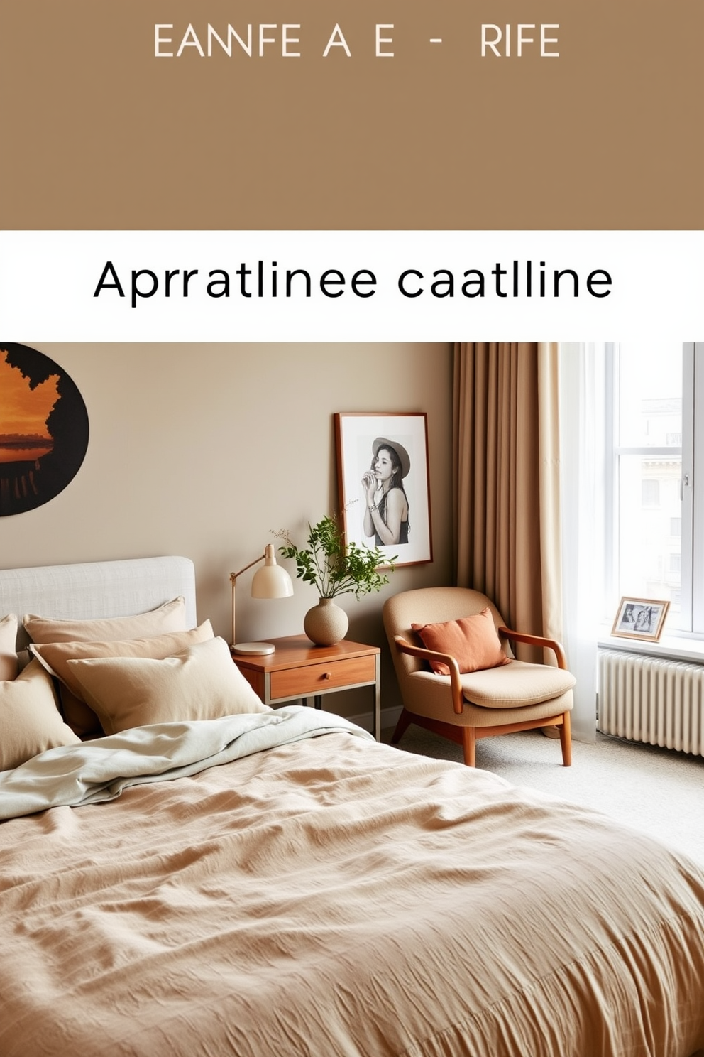 A cozy apartment bedroom bathed in soft lighting created by warm string lights draped along the walls. The bed features a plush duvet and an array of decorative pillows, while a stylish bedside table holds a small lamp and a stack of books.