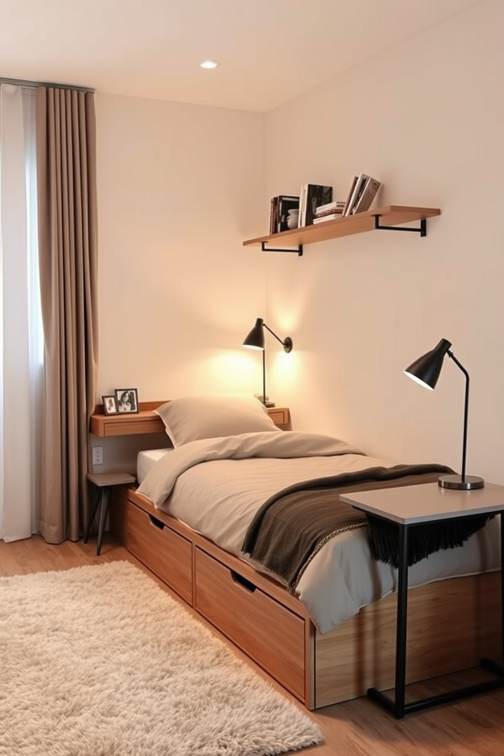 A serene apartment bedroom featuring a neutral color palette that promotes relaxation. The walls are painted in soft beige, complemented by a light grey upholstered bed with plush white bedding. Natural light filters through sheer curtains, illuminating a cozy reading nook with a comfortable armchair and a small side table. A minimalist wooden dresser sits against the wall, adorned with a few carefully selected decorative items for a touch of elegance.