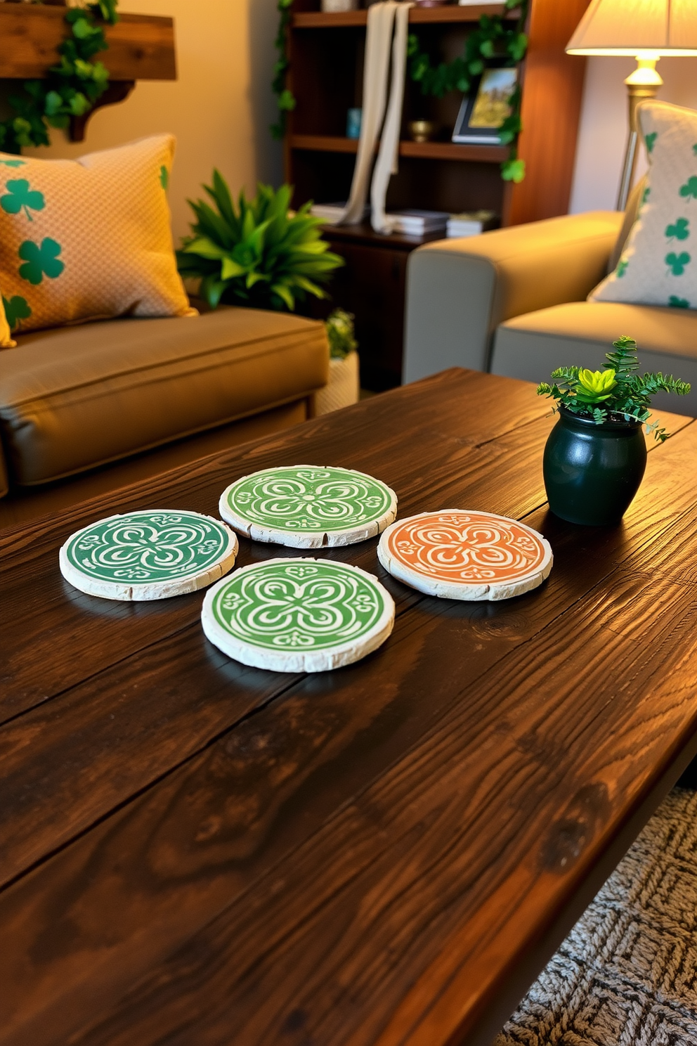 Create a cozy living room setting featuring Irish-themed coasters on a rustic wooden coffee table. The coasters display traditional Celtic designs and are surrounded by a warm, inviting atmosphere with green and gold accents for St. Patrick's Day. Incorporate festive decorations such as shamrock garlands and small potted plants to enhance the holiday spirit. Soft lighting from a nearby lamp casts a gentle glow, creating a perfect spot for relaxation and celebration.