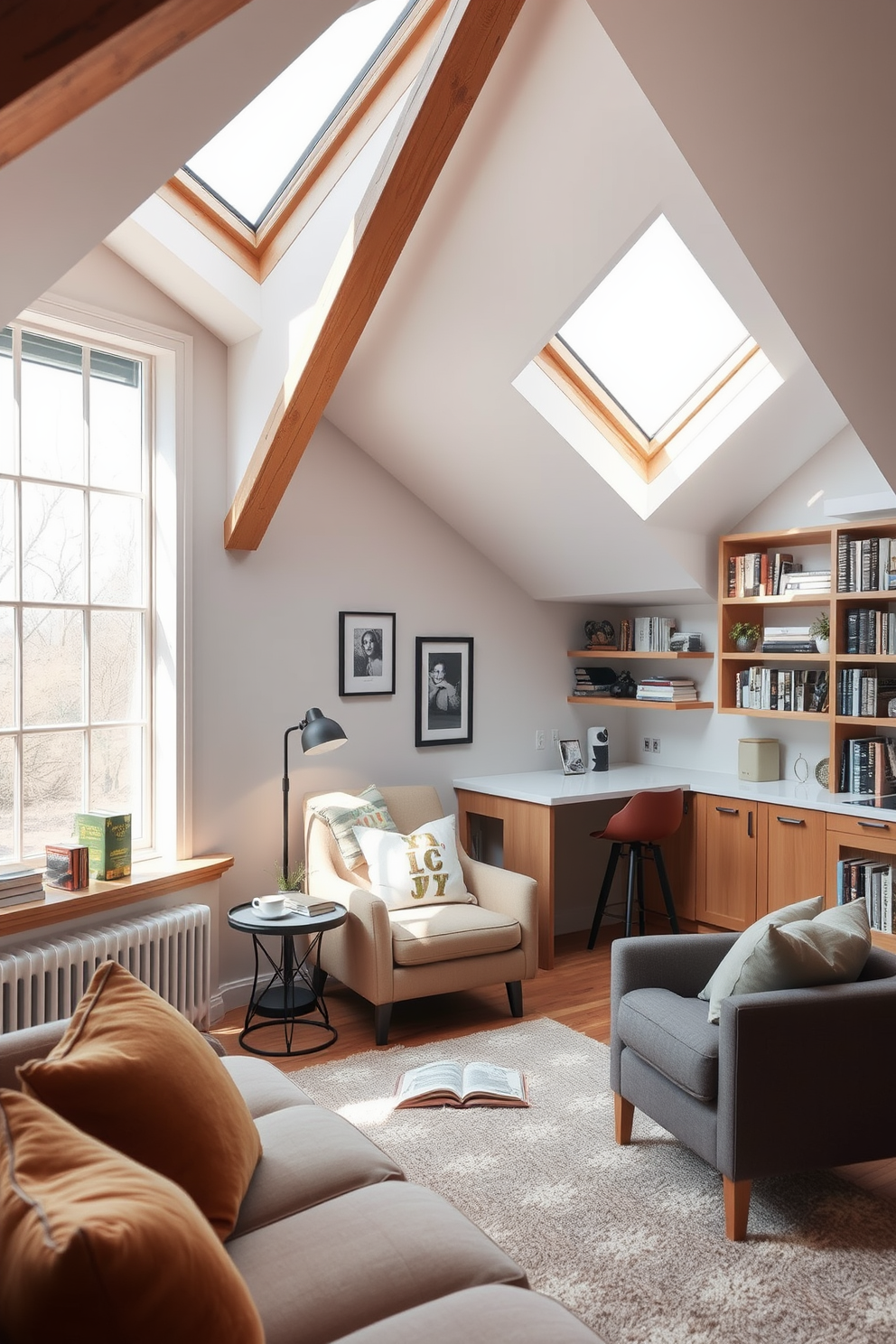 Cozy reading nook by the window. A plush armchair is positioned next to a large window, with soft natural light streaming in. A small side table holds a steaming cup of tea and a stack of books, inviting relaxation. Surrounding the nook are shelves filled with various novels and decorative items, creating an inviting atmosphere. Attic Apartment Design Ideas. The space features exposed wooden beams and large skylights that enhance the natural light. A minimalist layout includes a comfortable sofa, a small dining area, and a compact kitchen, all styled with modern furnishings and warm colors.