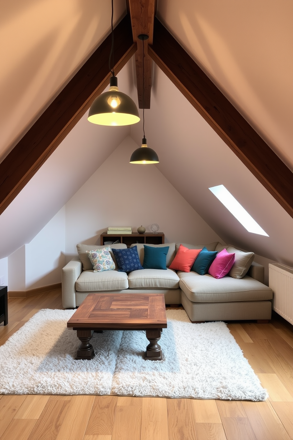 A cozy attic apartment featuring sloped ceilings and exposed wooden beams. The space is illuminated by stylish pendant lights that hang gracefully, creating a warm ambiance. The living area includes a plush sectional sofa adorned with colorful throw pillows. A rustic coffee table sits in front, complemented by a soft area rug that adds texture to the room.