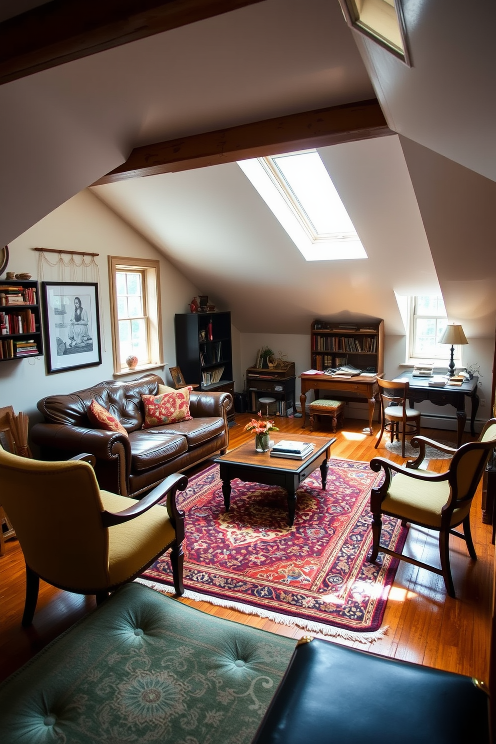 A cozy attic apartment filled with vintage furniture that adds character and charm. The space features a worn leather sofa paired with an antique wooden coffee table, surrounded by mismatched chairs that invite relaxation and conversation. Natural light floods the room through skylights, illuminating the rich textures of a Persian rug on the hardwood floor. A vintage writing desk sits in one corner, adorned with books and a classic lamp, creating a perfect nook for creativity.